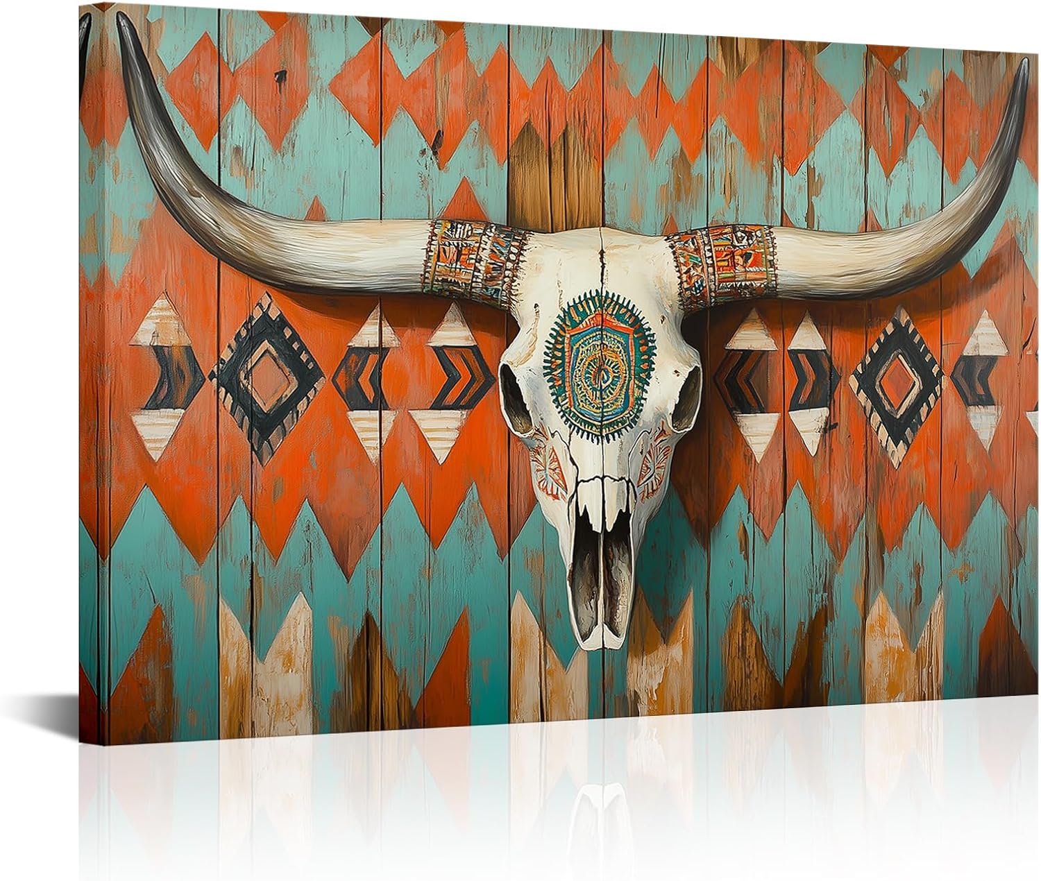 VANSEEING Western Cow Skull Wall Art Canvas Prints Colorful Boho Longhorn Southwestern Decor Rustic Native American Indian Painting Artwork for Kitchen Bedroom Farmhouse Living Room 24"x36"