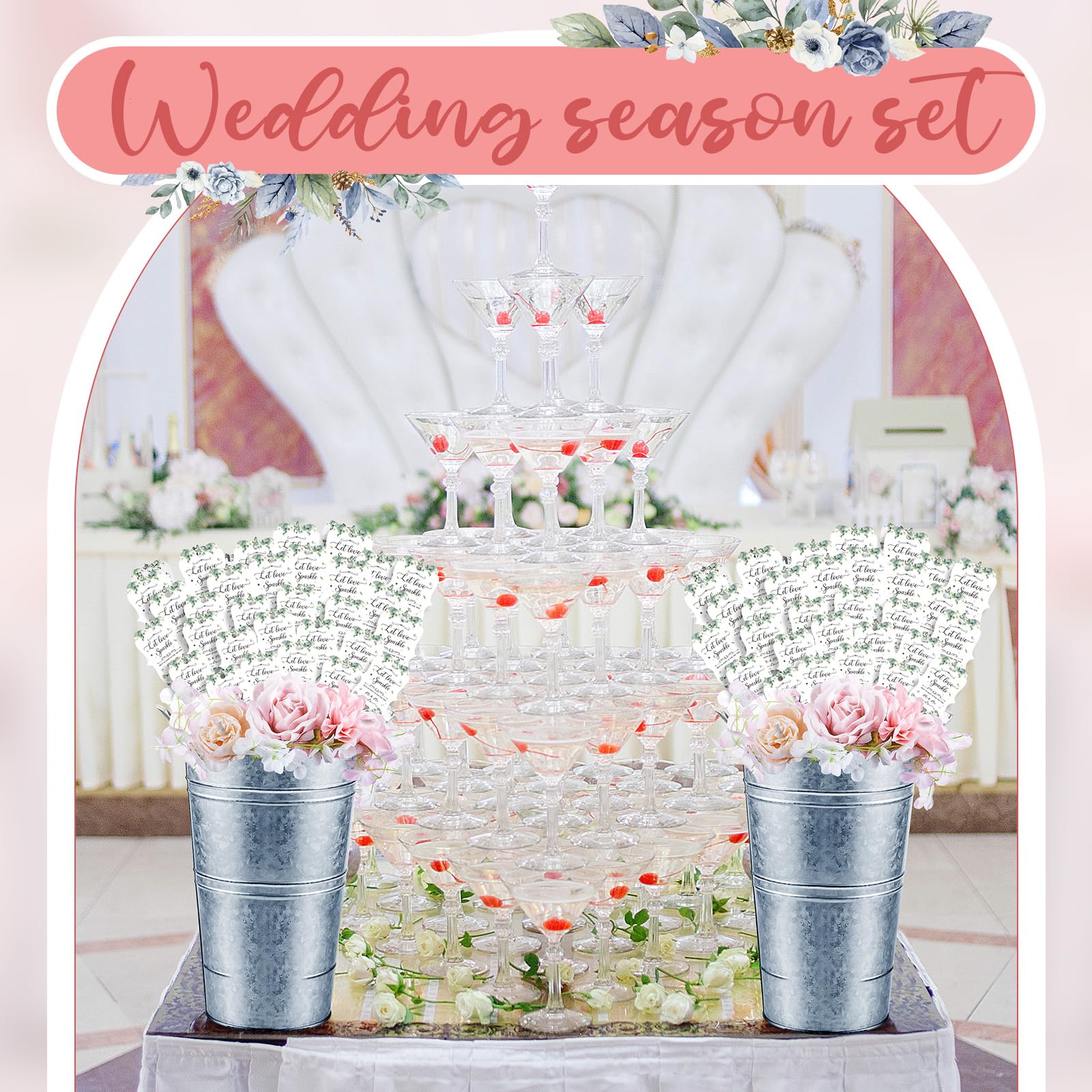 Henoyso Greenery Hochzeits-Wunderkerzen-Set beinhaltet 150 Wunderkerzen-Anhänger, 1 Acryl-Hochzeitsschild mit Ständer, 2 verzinkte Metalleimer für Tischdekoration, Party-Dekorationen (Silber)