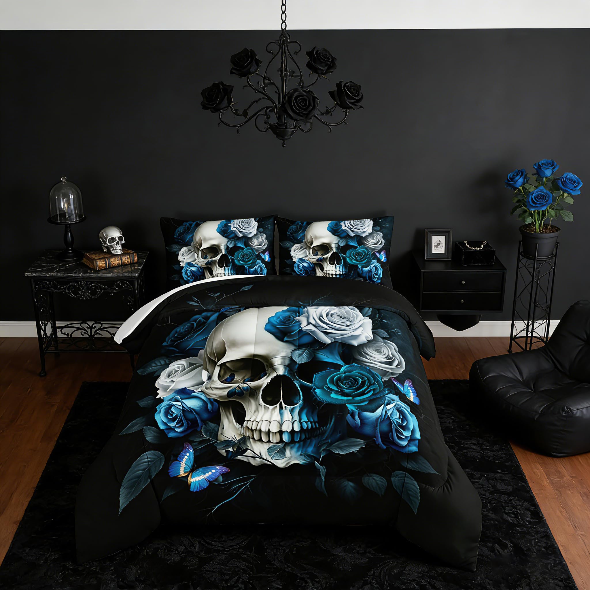 UEVBF Skull Gothic Bedding Set King Size,Blue Rose Flower Comforter for Kids Boys Girls Home Decor,Halloween Horror Themed Bedding Set with 2