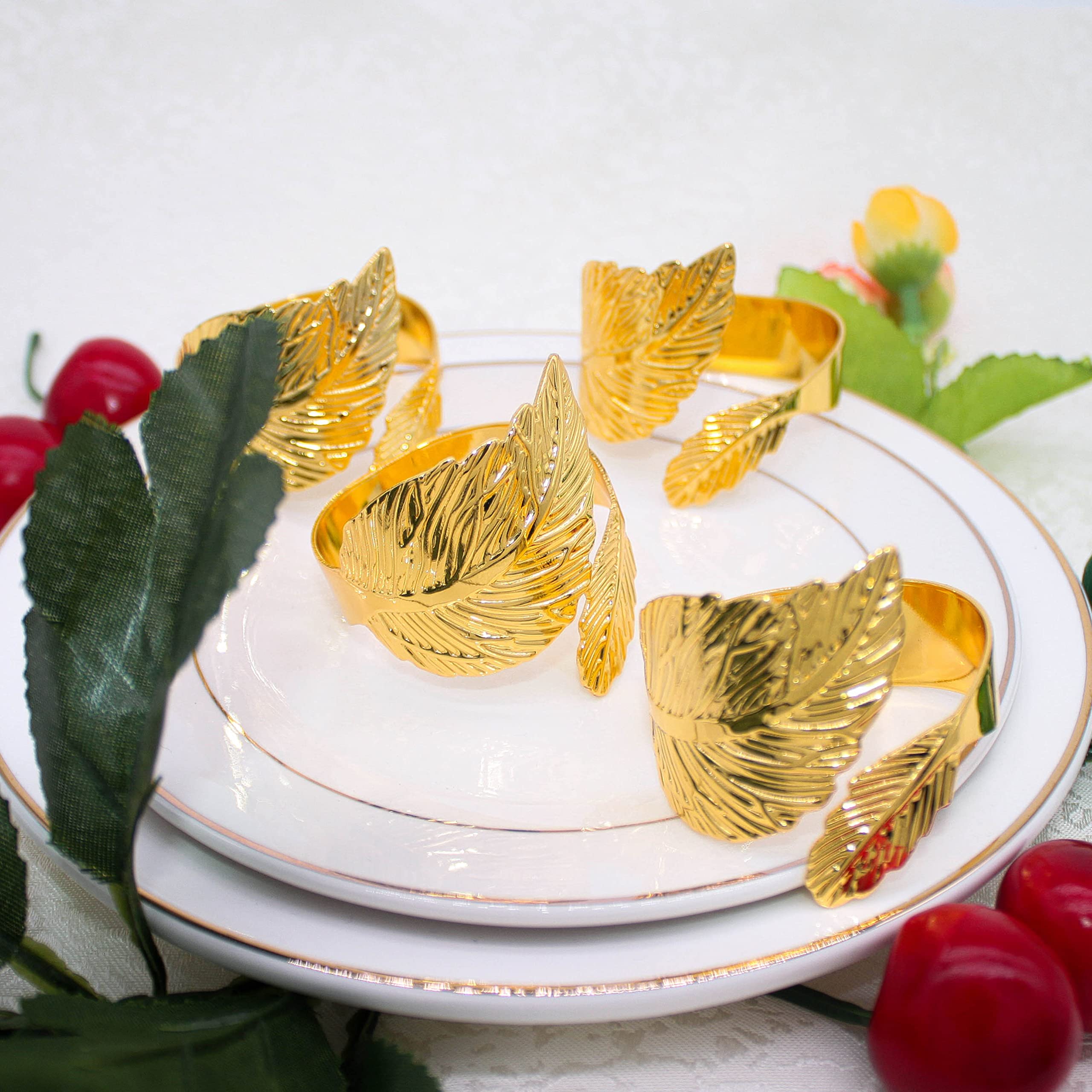 Gold Metal Leaf Napkin Rings Set of 4, Eucalyptus Napkin Rings Holder for Table Setting Dinner, Easter, Birthday, Christmas, Wedding, Thanksgiving Day Party of Table Setting Decoration