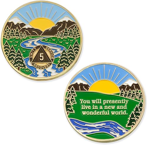 Miniatura 3 de 5 años Sobriety Mint Winding River Gold Plated AA Recovery MedallionChipToken