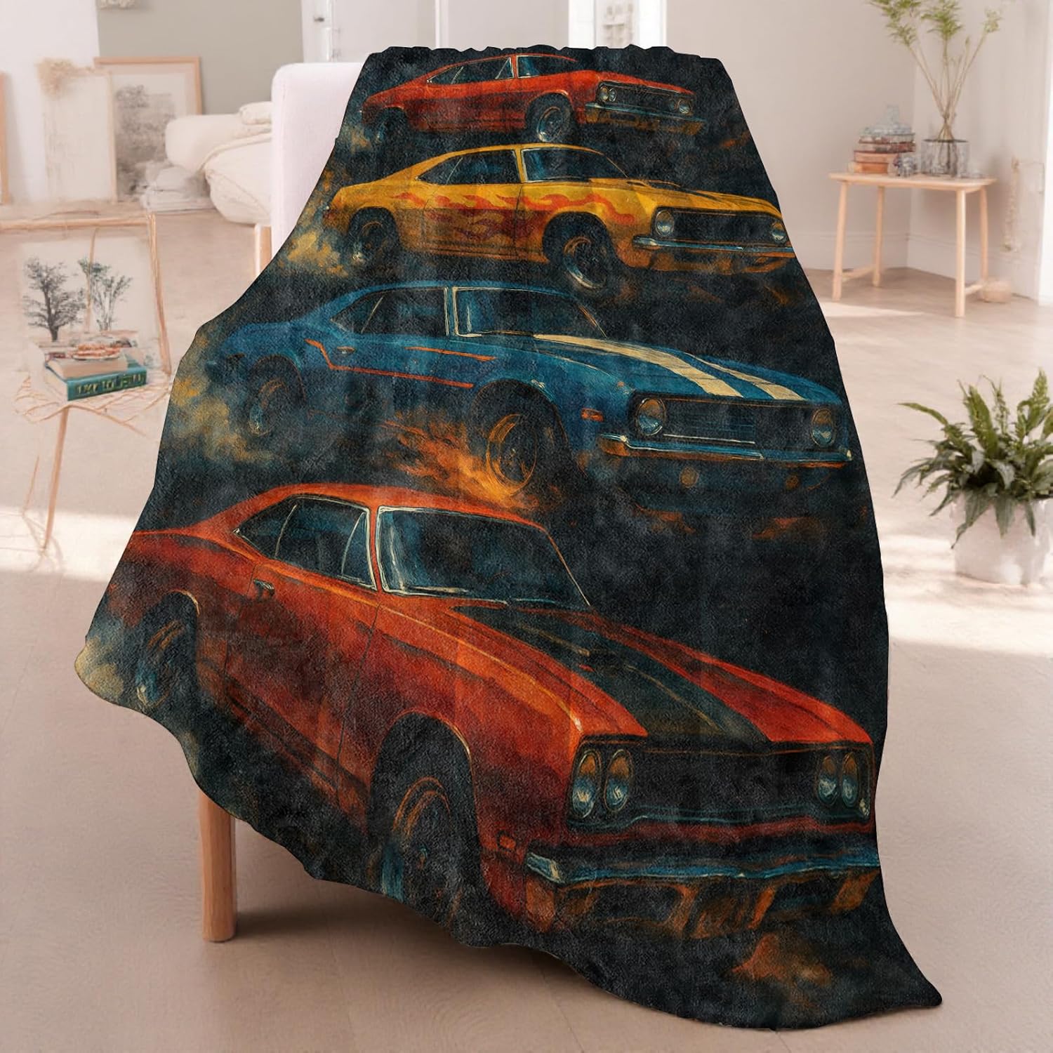 Muscle Car Throw Blanket for Boys Girls Kids Adults, Cozy Vintage Racing Vehicle Theme Flannel Blankets Gifts for Camping, Bedroom, Couch, Room Home Decor, 50"x60" - Image 2