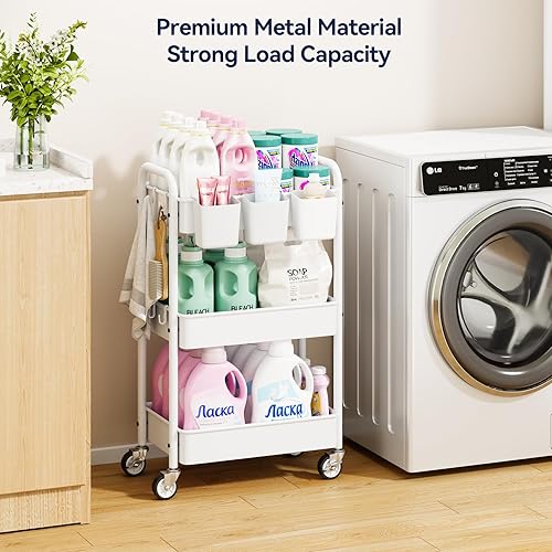 Miniatura 3 de YASONIC Carrito con ruedas de 3 niveles, carrito utilitario de metal con ruedas, organizador de almacenamiento mejorado con tazas y ganchos