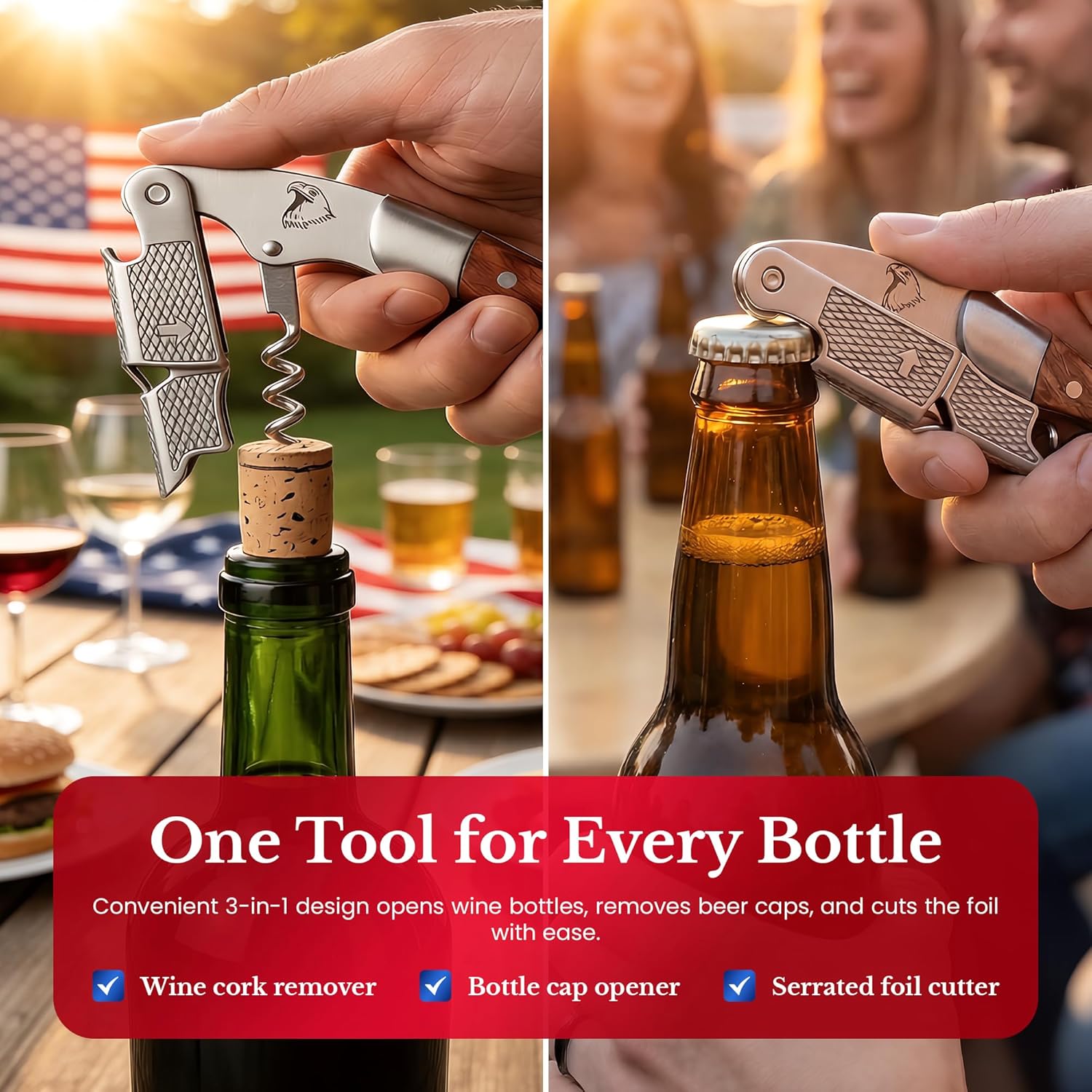 Patriotic 2-Piece Wine Accessory Gift Set: Professional Waiters Corkscrew Wine Opener & Wine Bottle Stopper - Double-Hinged Stainless Steel & Rosewood with Foil Cutter. Americana Wine Kit
