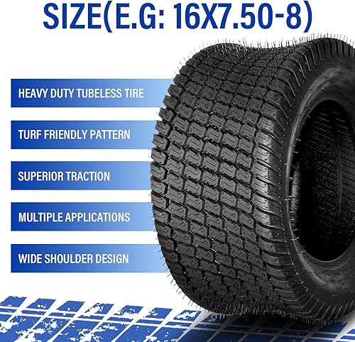 Miniatura 3 de SUNROAD 2 Pcs 16x7.50-8 Lawn Garden Mower Tractor Tires 16x7.50x8 4PR Turf Golf Cart Tires Tubeless 167.50-8