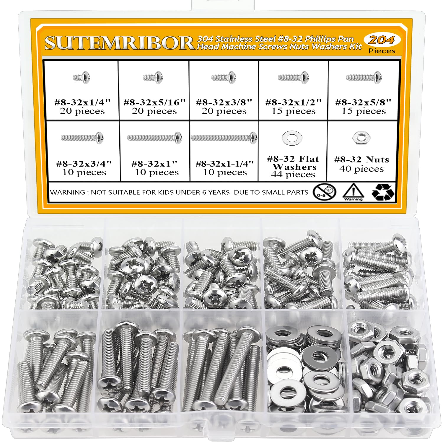 204 Pieces #8-32 x 1/4", 5/16", 3/8", 1/2", 5/8", 3/4", 1", 1-1/4", Phillips Pan Head Machine Screws Nuts Washers Assortment Kit