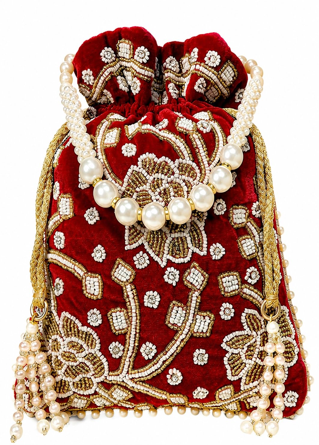 Dark Red Potli Bag Velvet Embellished with White, Golden, Silver Beads Work for Women Wedding Lehanga Sharara Sarees Fashion Accessory-image-21