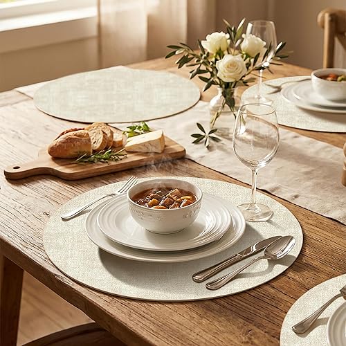 Miniatura 2 de Juego de 4 manteles individuales redondos de piel sintética de 15 pulgadas, antideslizantes, lavables, lavables, resistentes al calor, impermeables,