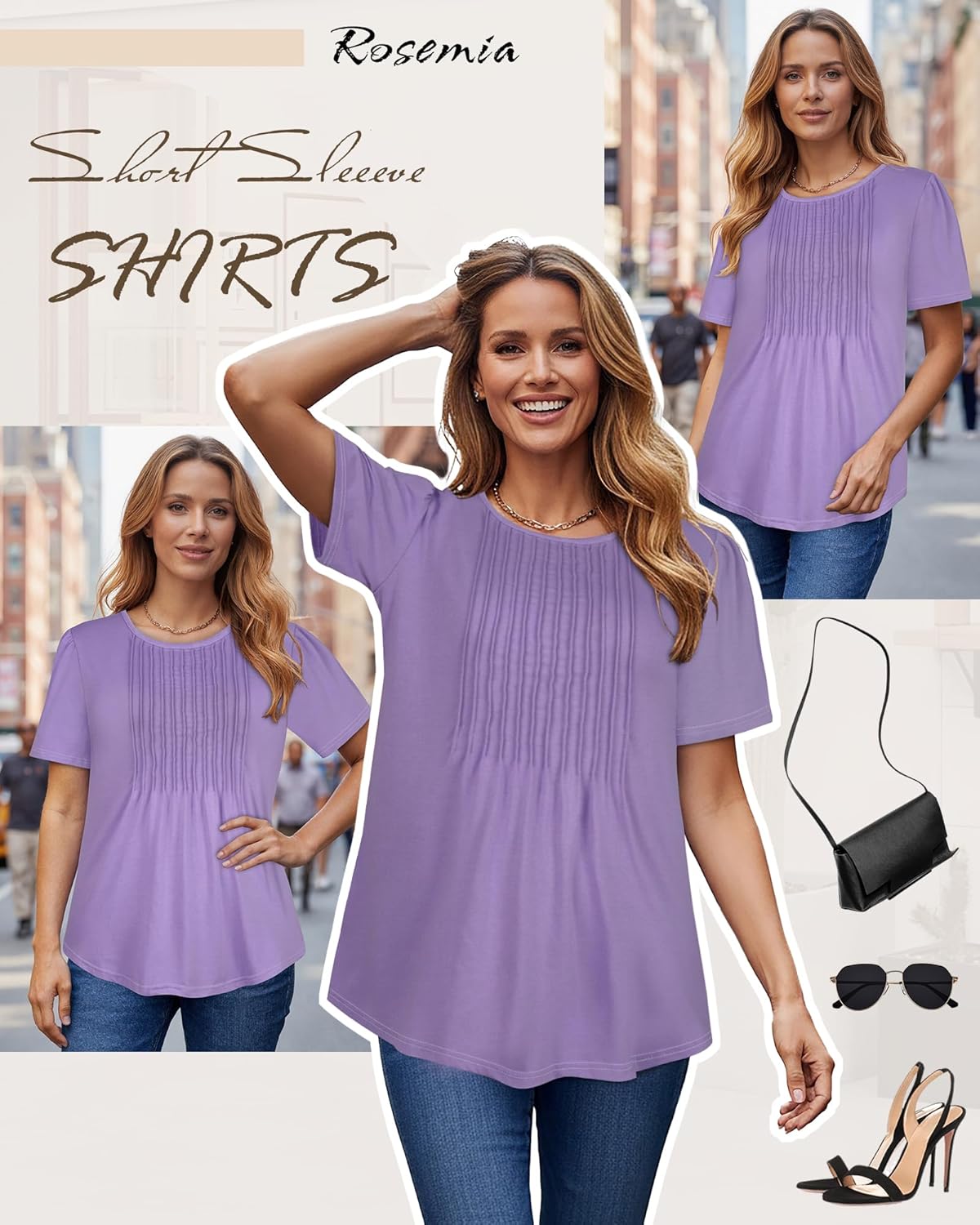 Womens T Shirts Short Sleeve Tops Dressy Casual Blouses Pleated Front Summer Outfits - Image 4