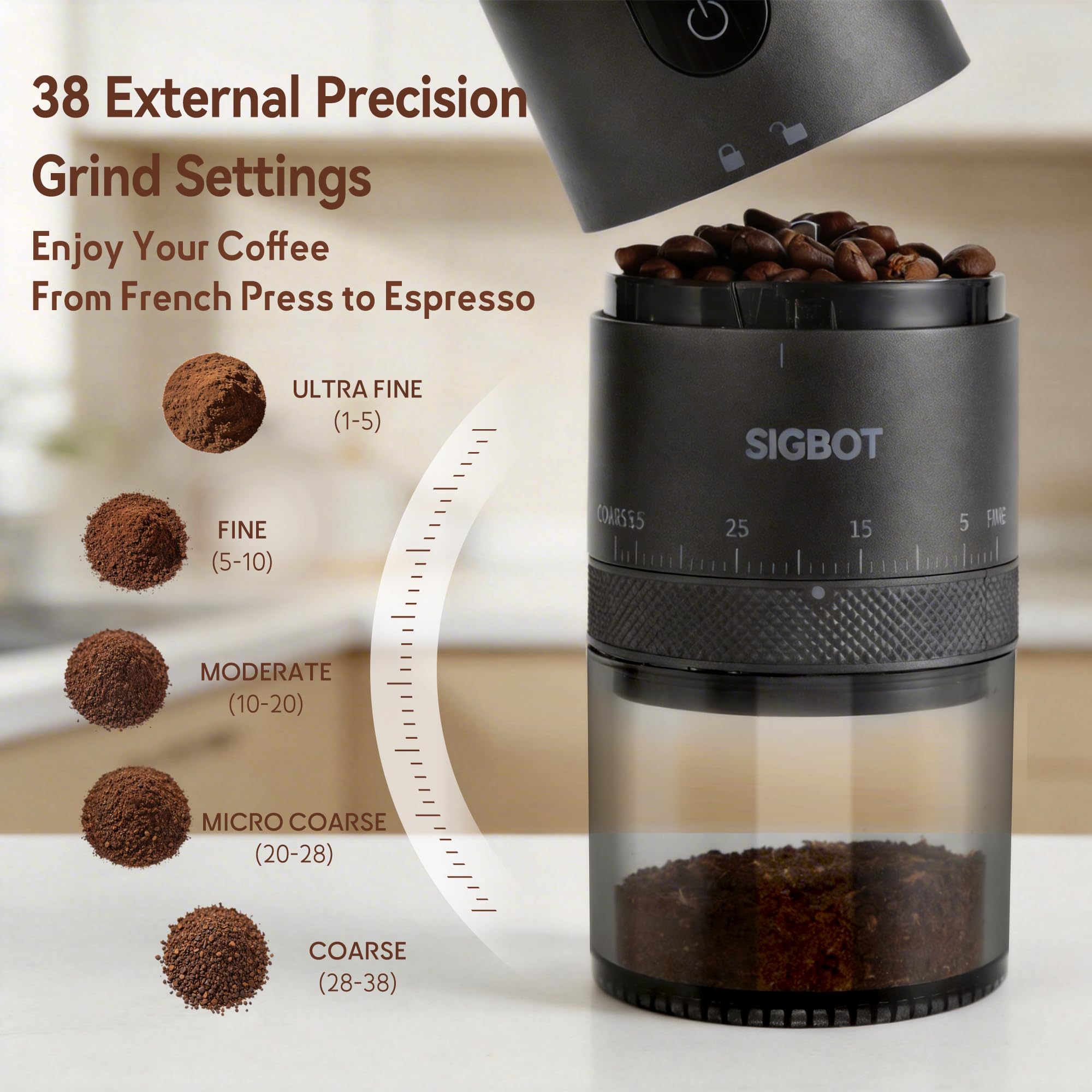 Sigbot Macina Caffè Ceramica - Macina Caffè Conico Ceramica 38 Impostazioni di Macinatura Batteria da 2000 mAh con Cavo di Ricarica Type-C Ideale per Viaggi Campeggio Ufficio e Casa