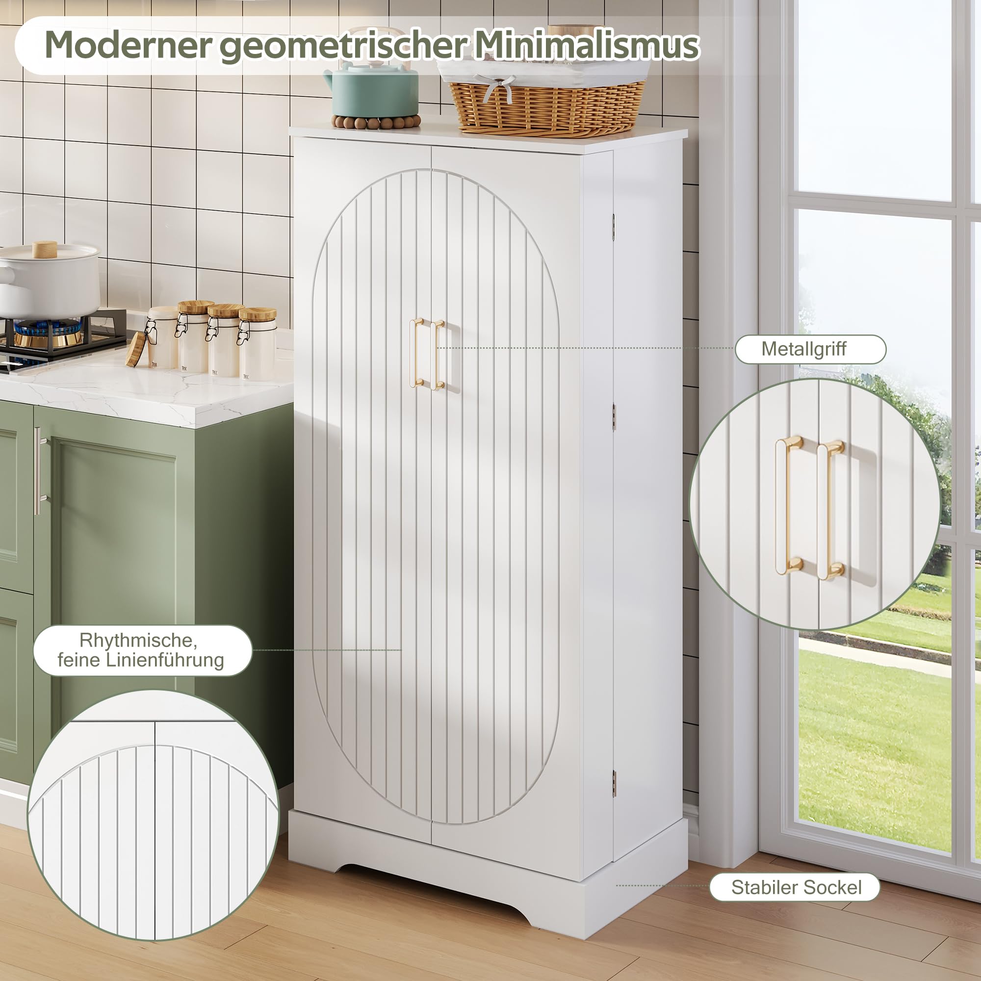 Merax Küchenschrank mit LED, Vorratsschrank mit 2-Türiger, Buffetschrank Hoch mit Höhenverstellbaren Einlegeböden, Küchenbuffet für Wohnzimmer, Küche, Esszimmer, 60×35×128cm (Weiß)