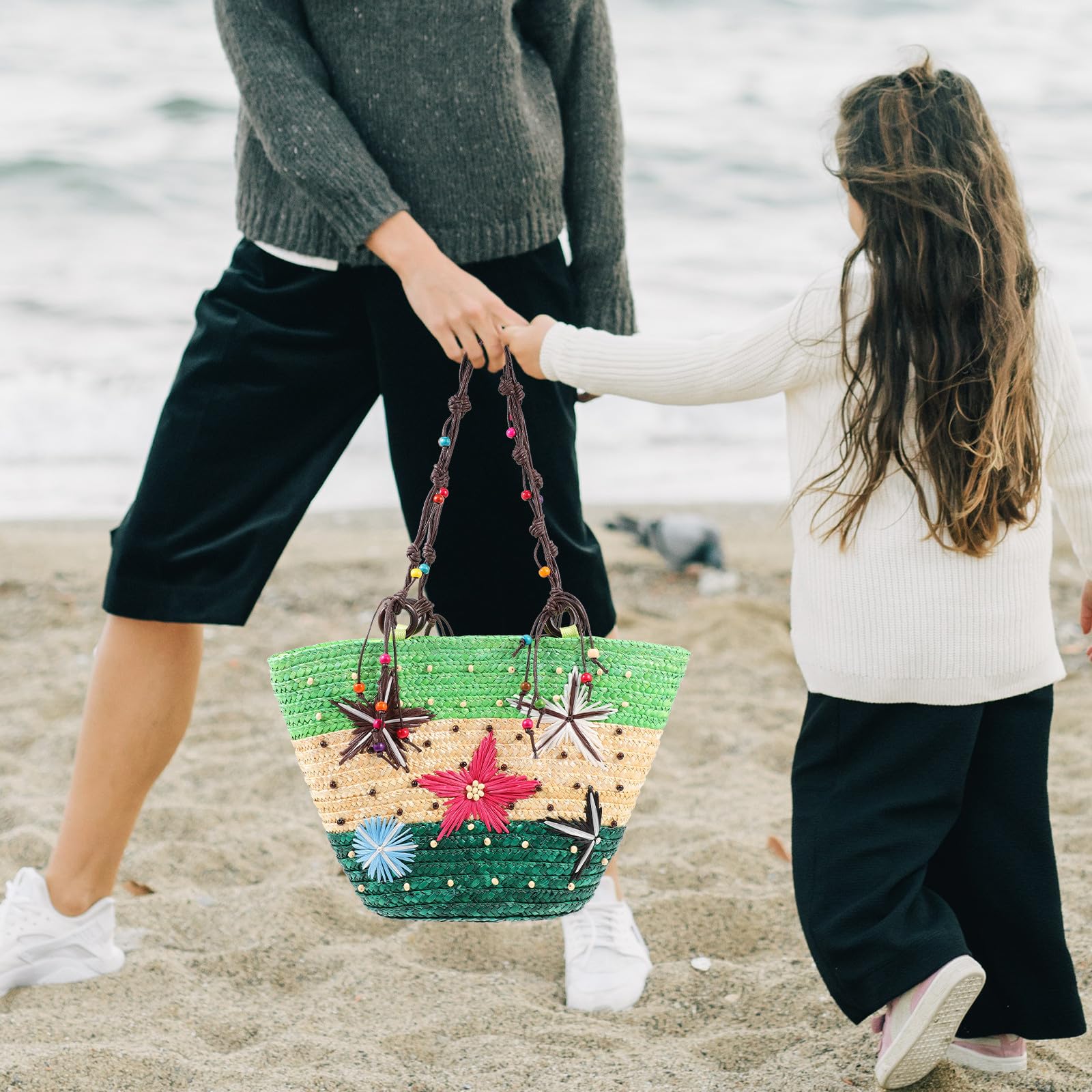Bolso de Playa de Paja Tejido a Mano Decoracion Verano Verde