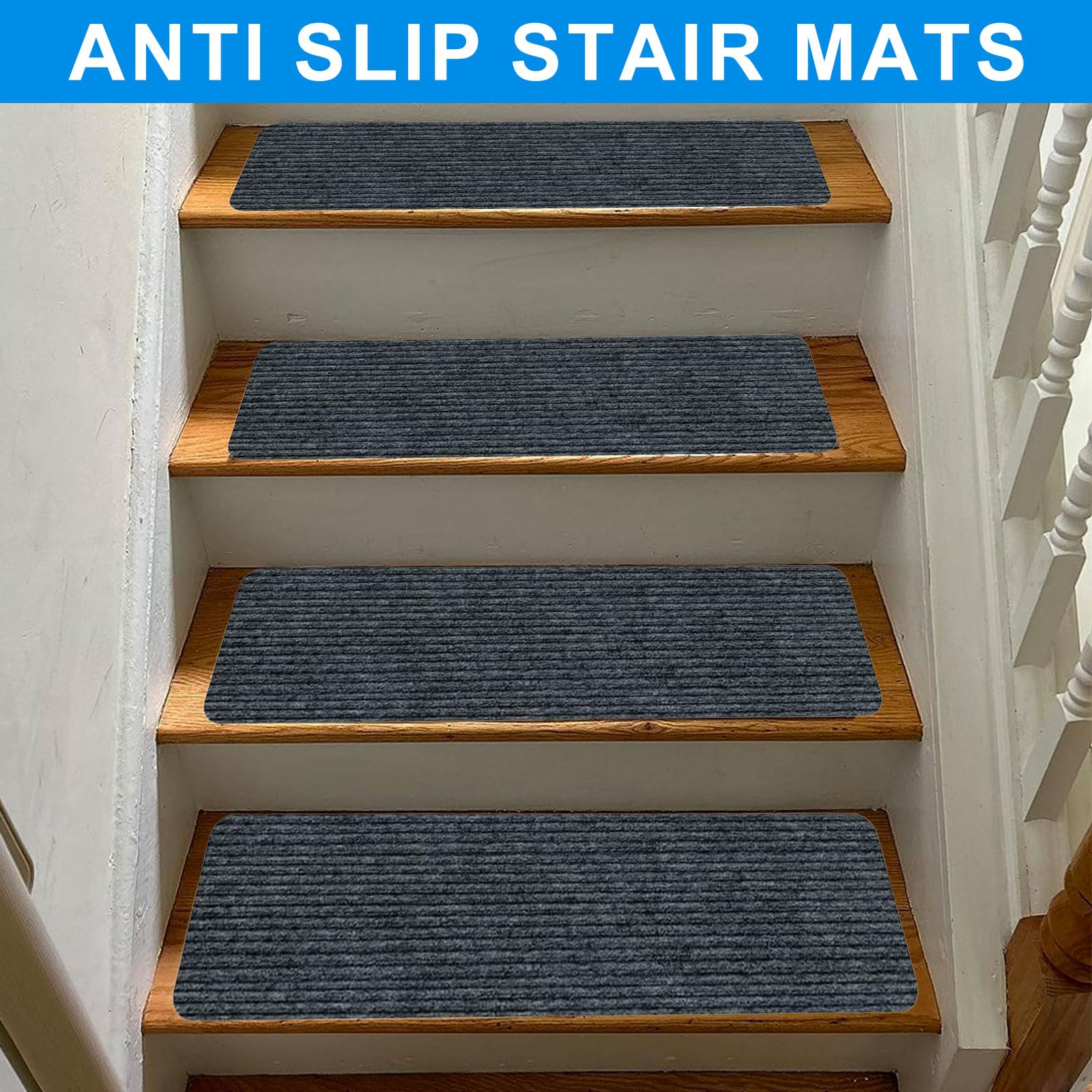 15 pièces de tapis pour marches d'escalier, 55x22 cm, tapis d'escalier, gris foncé, résistant à l'eau, rectangulaire, auto-adhésif, antidérapant, pour protéger les animaux de compagnie, les personnes