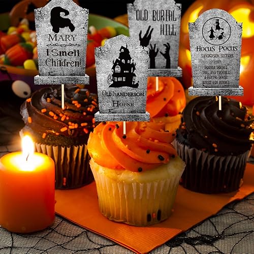Miniatura 4 de AnyDesign - 48 adornos para cupcakes de Halloween, 8 diseños de lápidas de bruja de Halloween, cementerio, decoraciones para tartas con puntos de