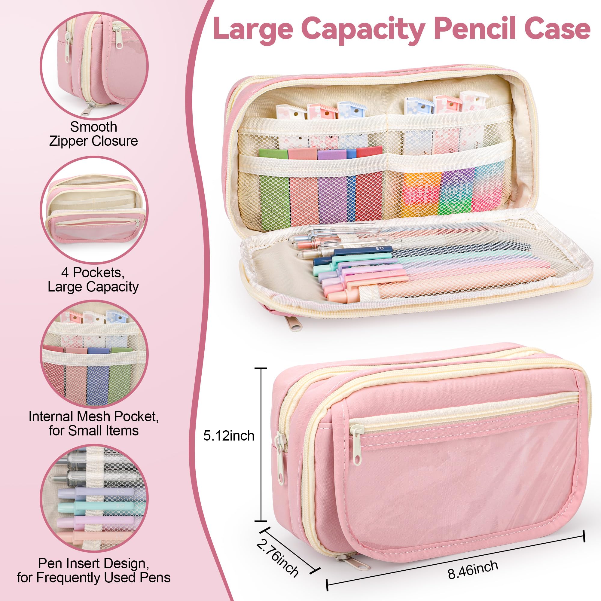 Four Candies Lot De 39 Fournitures Scolaires Style Pastel - Stylos, Surligeurs, Porte-Mines Et Trousse Rose (Étudiant/Bureau)
