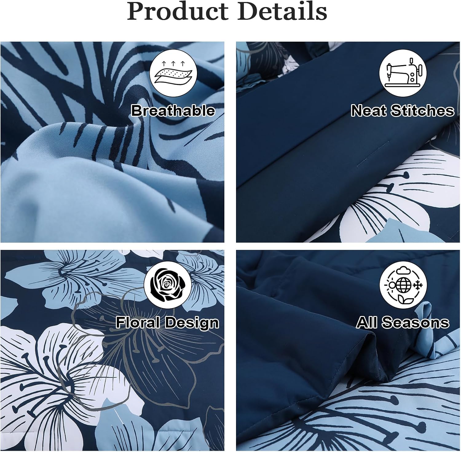 Luxudecor Navy Blue Comforter Set King Size, 7 Pieces Bed in a Bag Navy Blue Floral Comforter and Sheet Set, Soft Microfiber Complete Bedding Sets for All Seasons - Image 4