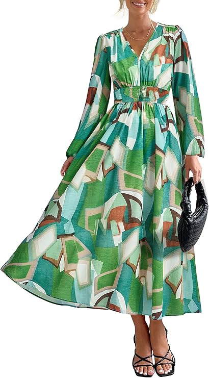 PRETTYGARDEN Women's Floral Midi Dress Casual Fall V Neck Long Sleeve Flowy Spring Beach Wedding Guest Vacation Dresses