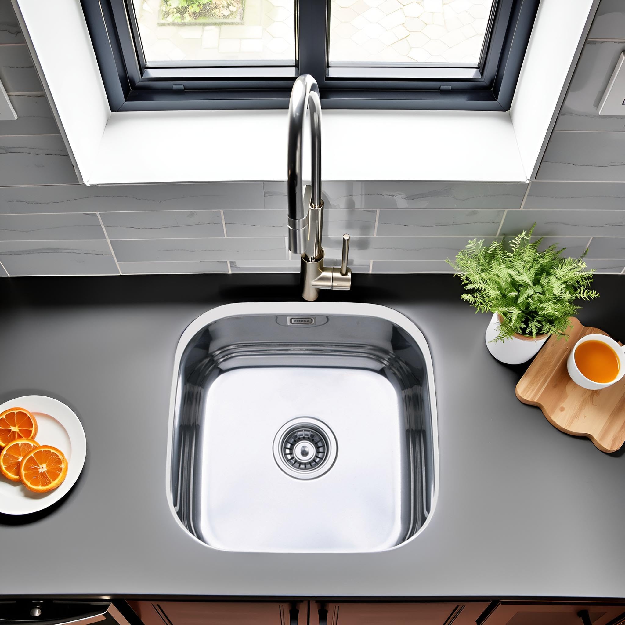 EDESA Fregadero FUJI BE 40X40 1C PLUS/A Bajo Encimera Acero Inoxidable 1 Cubeta Cuadrada Base Fonoabsorbente Instalación Mueble 45 CM Acabado Inox