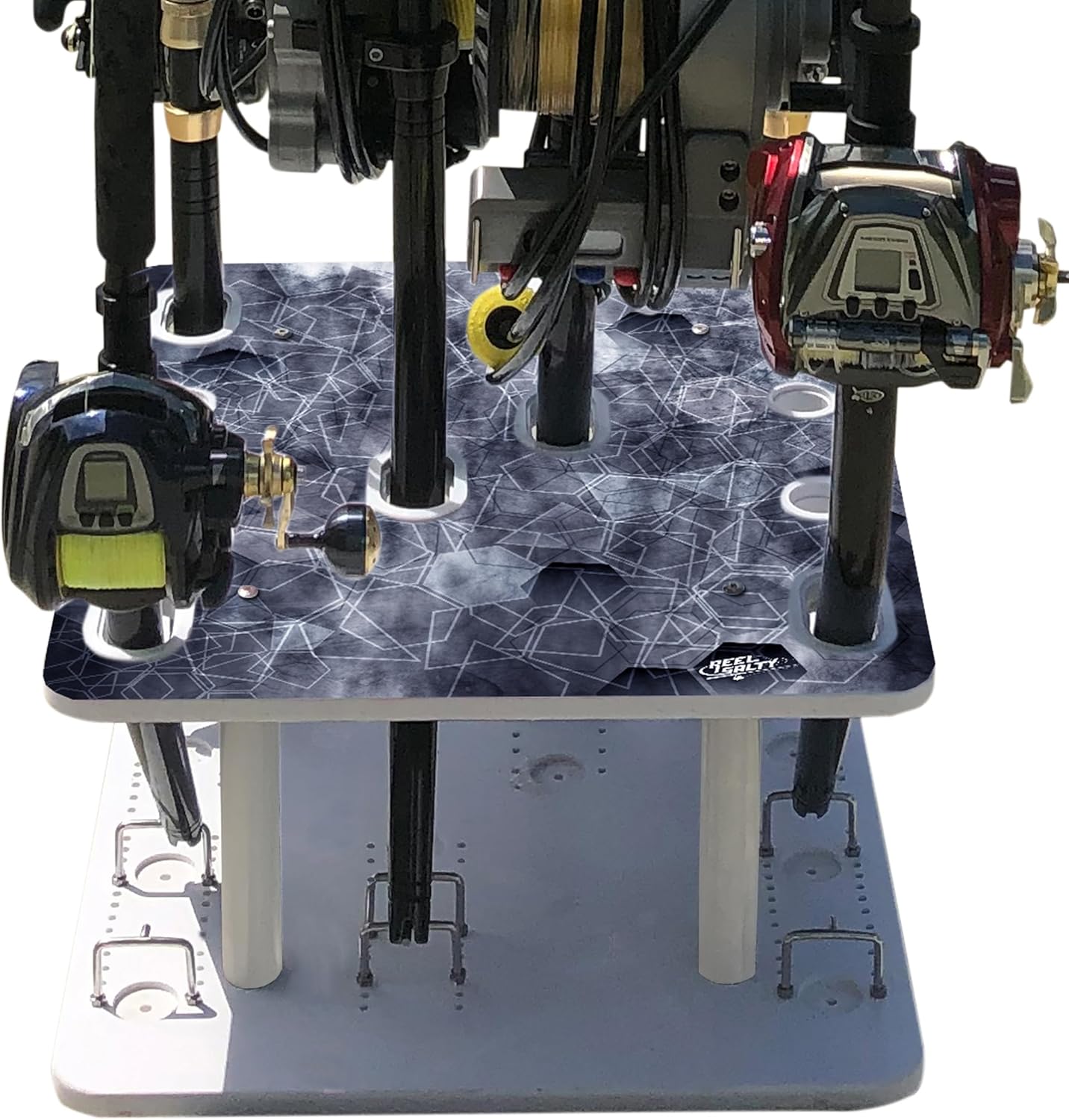 Rush Creek Creations Saltwater Fishing Rod Holder for 10 Rods (Straight & Size 2 and 4 Bent Butt), Fishing Pole Holder for Garage Organization/Dock Storage, Fishing Reels, and Fishing Accessories