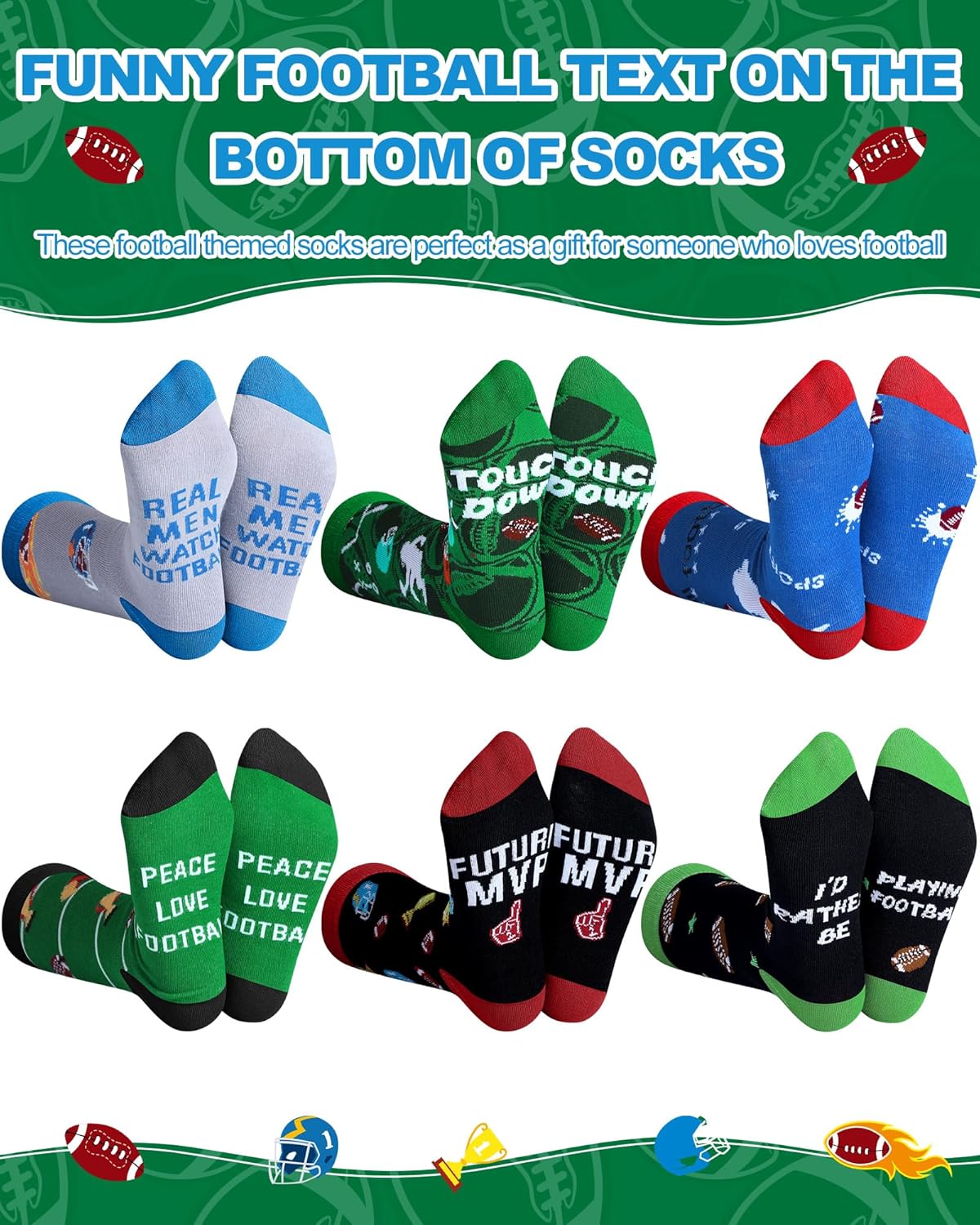 Patelai 6 Pairs Novelty Football Socks for Men Funny Football Gift Crew Socks for Men Sports Team Lovers Birthday Winter - Image 3