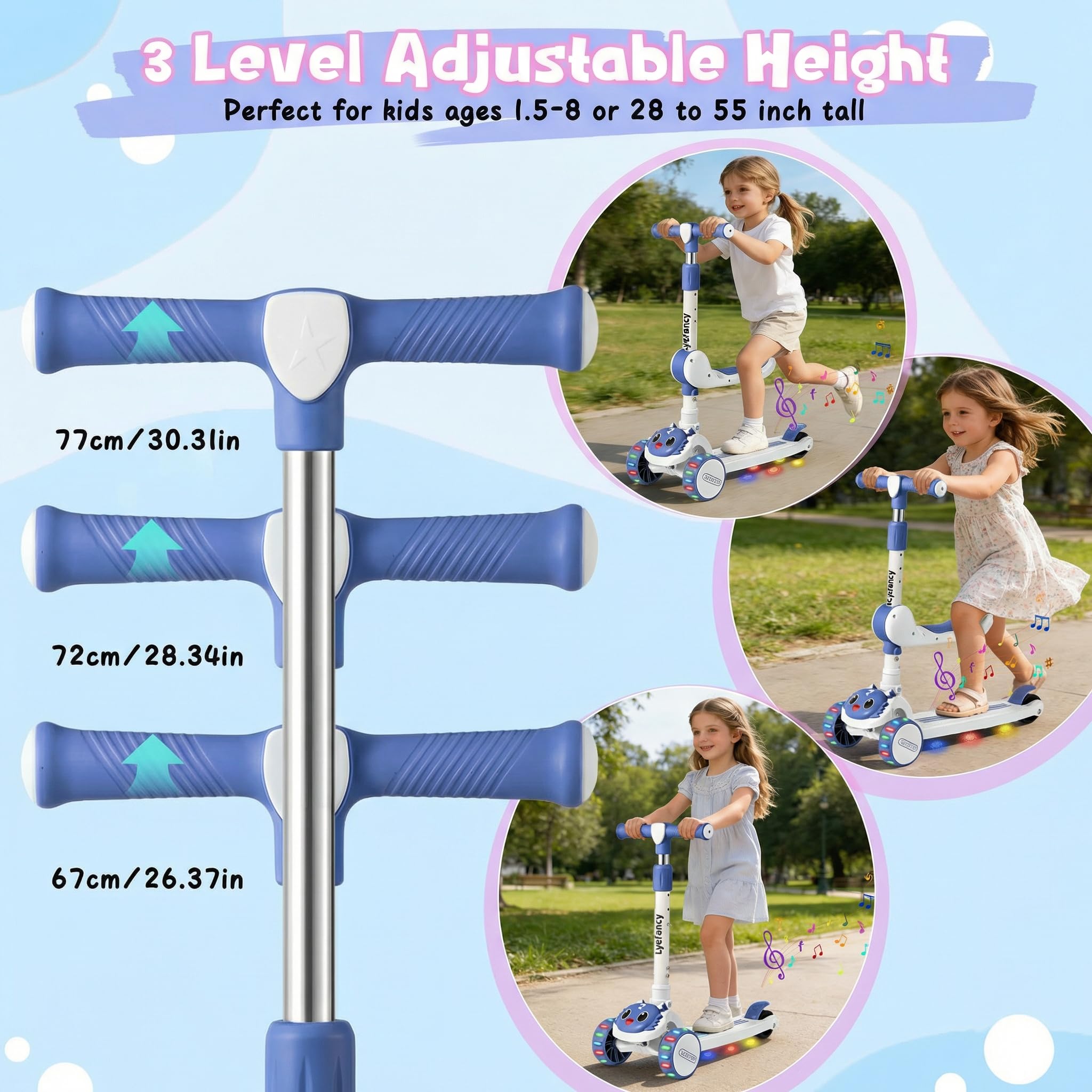 Patinete de 3 ruedas para niños de 2 a 8 años 2 en 1 con asiento desmontable, ruedas plegables con música y ruedas luminosas, altura ajustable, desplazable por cambio de peso
