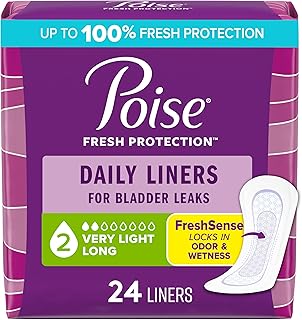 Poise Daily Liners, Incontinence Panty Liners for Bladder Leaks, 2 Drop Very Light Absorbency, Long Length, 24 Count of Pantiliners, Packaging May Vary