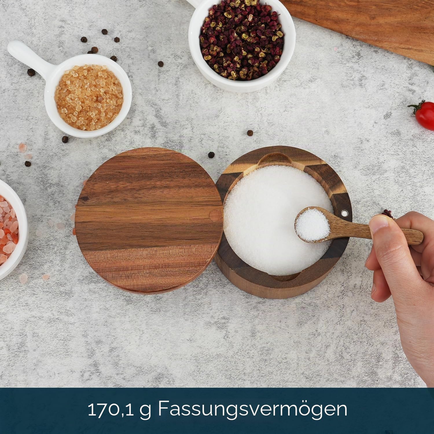 KITCHENDAO Acacia Holz Salzdose mit Integriertem Löffel, Salzbehälter mit magnetischem Deckel, Schwenkdeckel Für Küche, Aufbewahrung von Salz Meersalz Gewürzen Pfeffer Kraut, 6oz