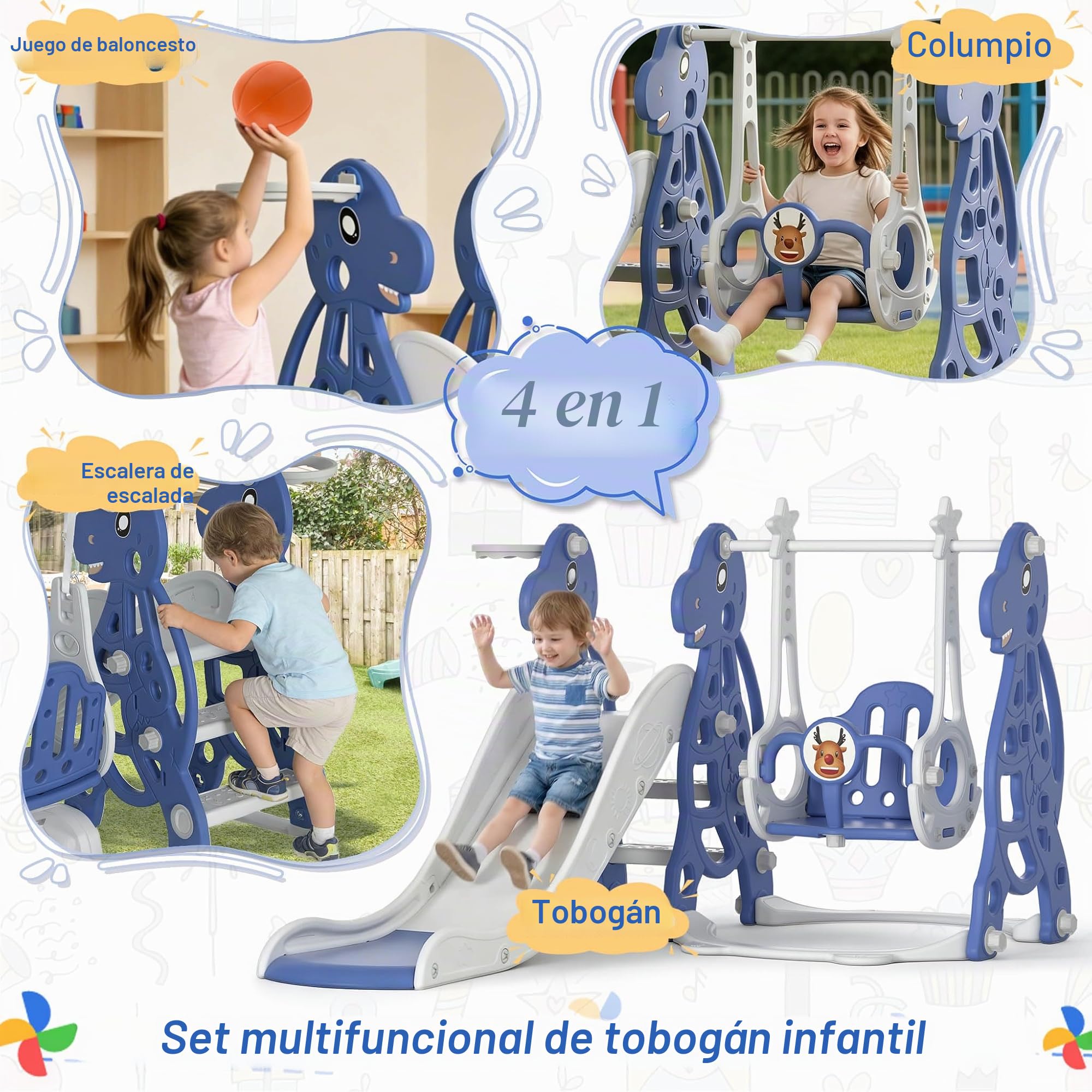 Froadp 4 en 1 Tobogán Independiente para Niños Slide de Juguete con Canasta de Baloncesto y Columpio para Interior y Exterior Tobogán Infantil Jardín Tobogán de Plástico PP y PE (Tipo B, 175x40x105cm)