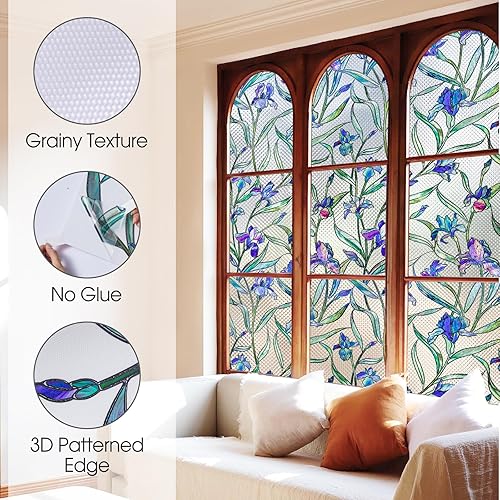 Miniatura 24 de Windimiley Película de privacidad para ventana de vidriera: 3D arcoíris floral decorativo esmerilado estático para baño, control de calor, bloqueo