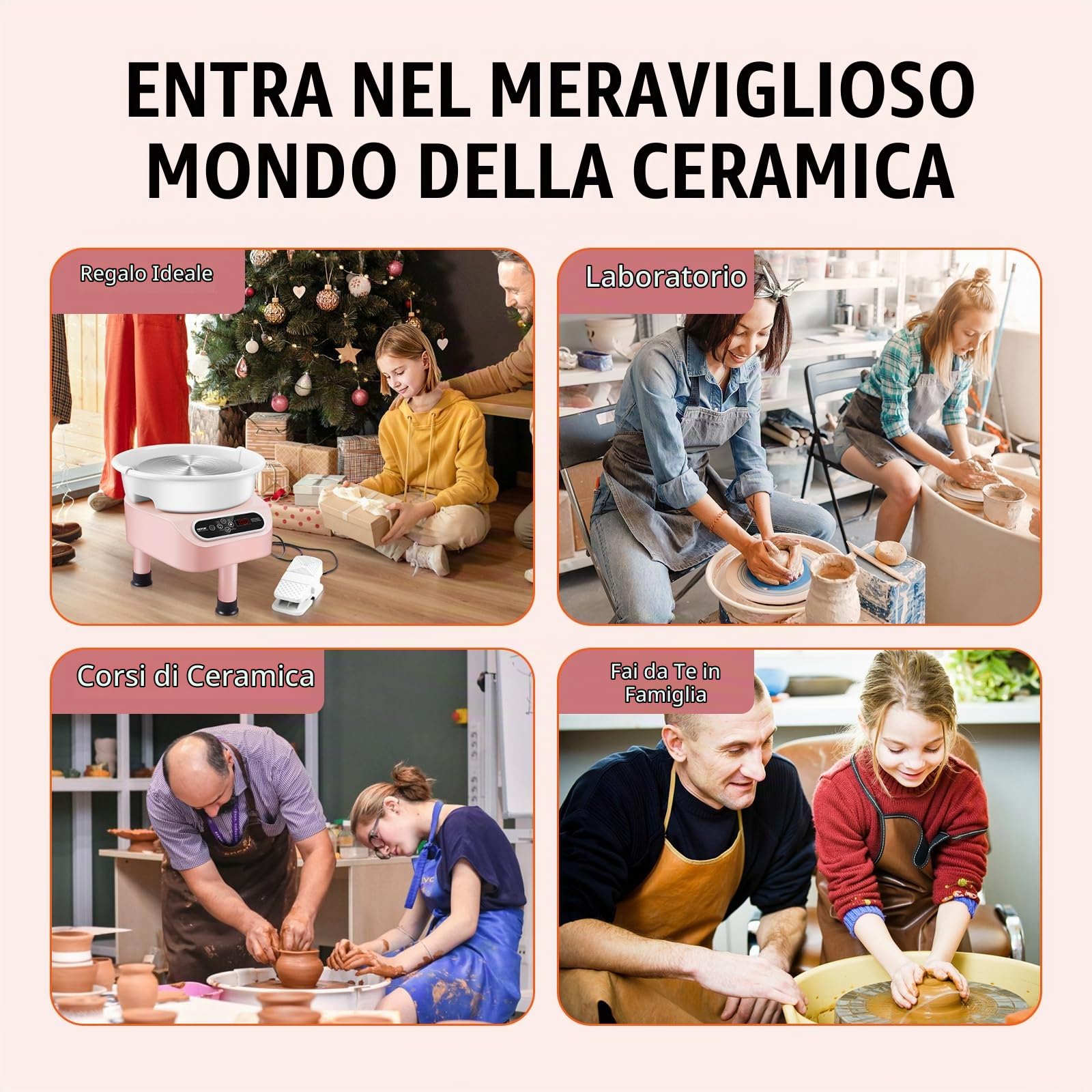 VEVOR Ruota per Ceramica, Macchina 250 mm, Ruota Elettrica per Ceramica da 350 W, Ruota Trasmissione Diretta con 3 Gambe di Supporto Pedale Touch Screen LCD per Artigianato Artistico Fai da Te, Rosa