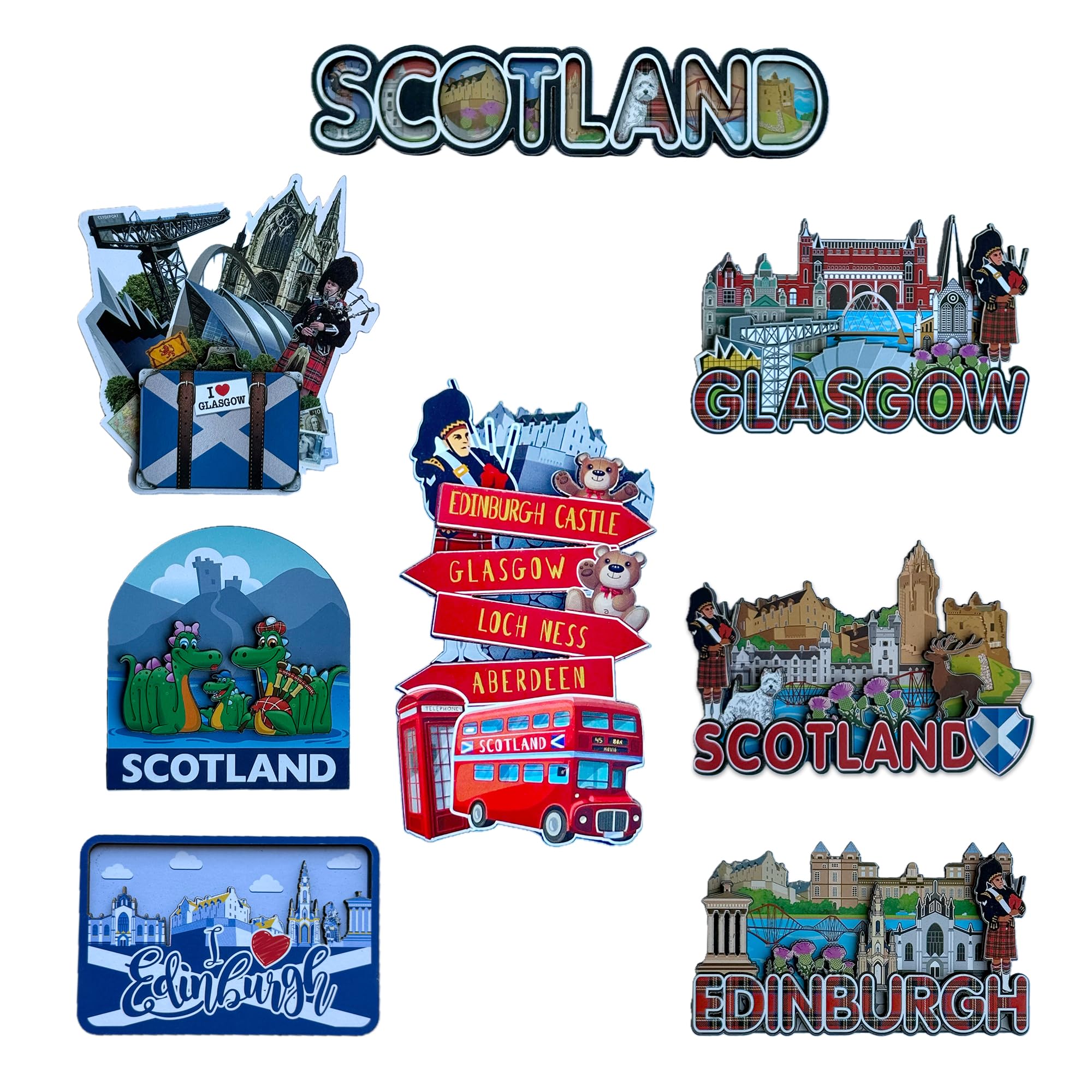 Lilaj Multicolor Scotland Fridge Magnets Set Of 6 - Edinburgh Castle, Saltire Flag, Thistle, Nessie, Bag Piper & Westie Dog - Scottish Souvenir Gift