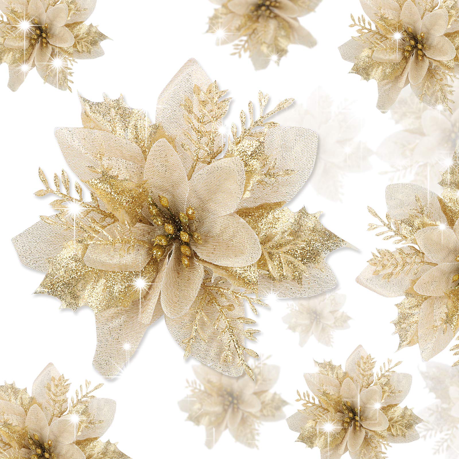 UFLF 12pcs Flores Navideñas Artificiales Flores Poinsettia Falsas para Decoración de Árbol Navidad Flores Brillantes Adornos Fiesta Casa Oficina Ornamentos