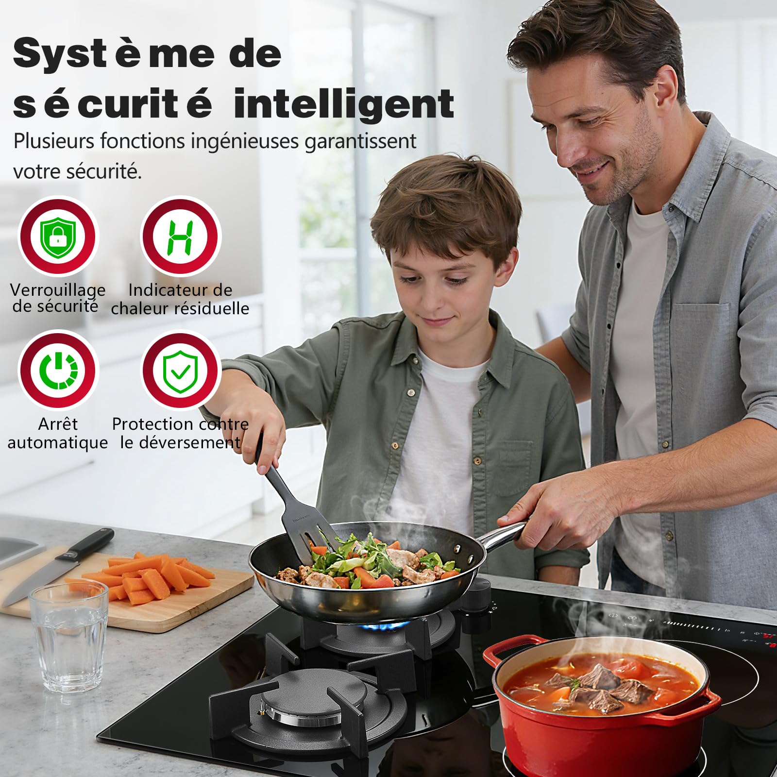 SNDOAS Table de Cuisson Mixte Gaz Induction 4 Foyers 59cm, 7500W Totale, Plaque de Cuisson Induction 4100W avec Boost & Pont, Plaque Gaz 3400W avec Brûleur Wok, Sécurité Enfant, Verre Céramique Noir