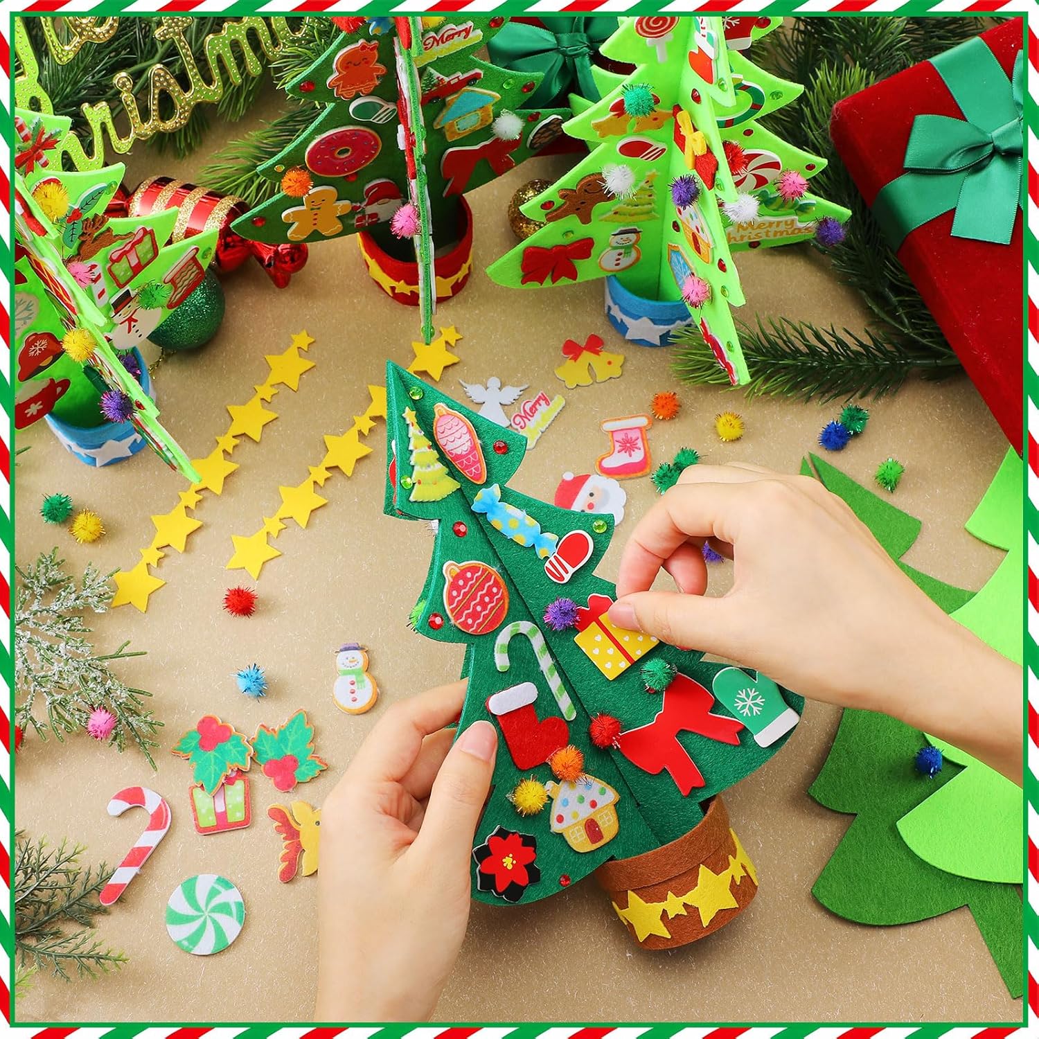 Moucuny 408 Pcs Christmas Tree DIY Craft Kits 3D Christmas Tree Felt Sets Xmas Felt Decorations with Elk Gingerbread Man Penguin Snowman Candy Wreath Stickers for Party Favors Activities