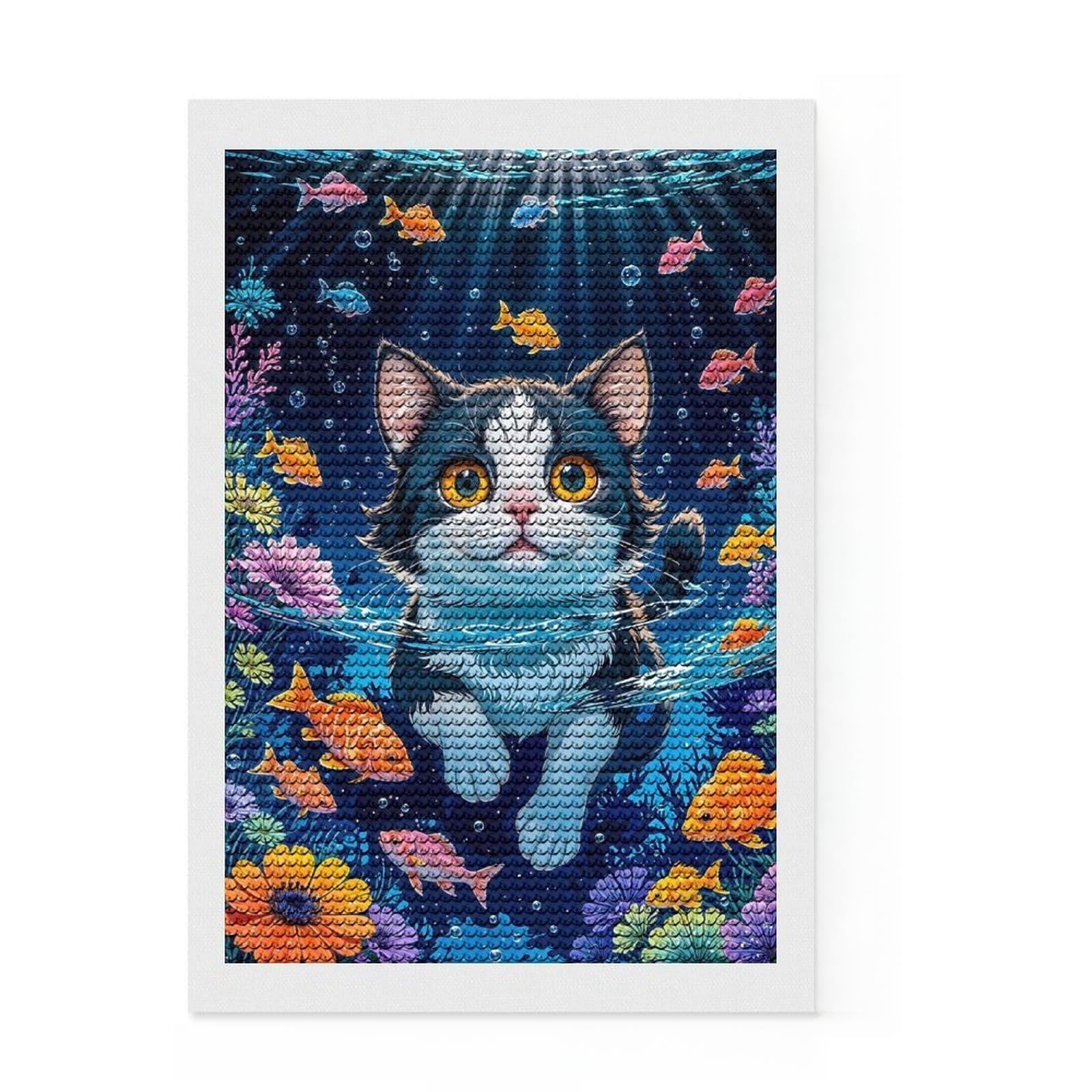 Junmoney Cat Underwater with Fish Diamond Painting Canvas Set 8"x12", Enjoyable At-Home Hobby, Adhesive Canvas, Cosy Home Accent, Christmas Gift