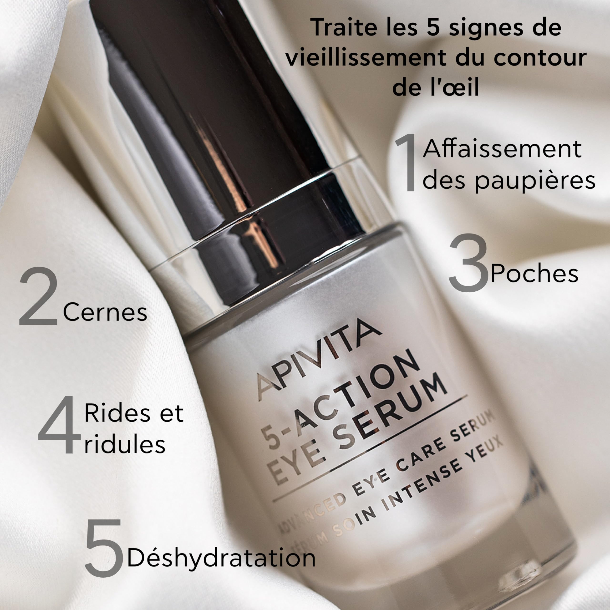 Apivita 5 Actions Sérum Soin Intensif Yeux 15ml - Enrichi en propolis et lys blanc - Combat les cernes, les poches sous les yeux, les ridules autour des yeux, les signes de fatigue