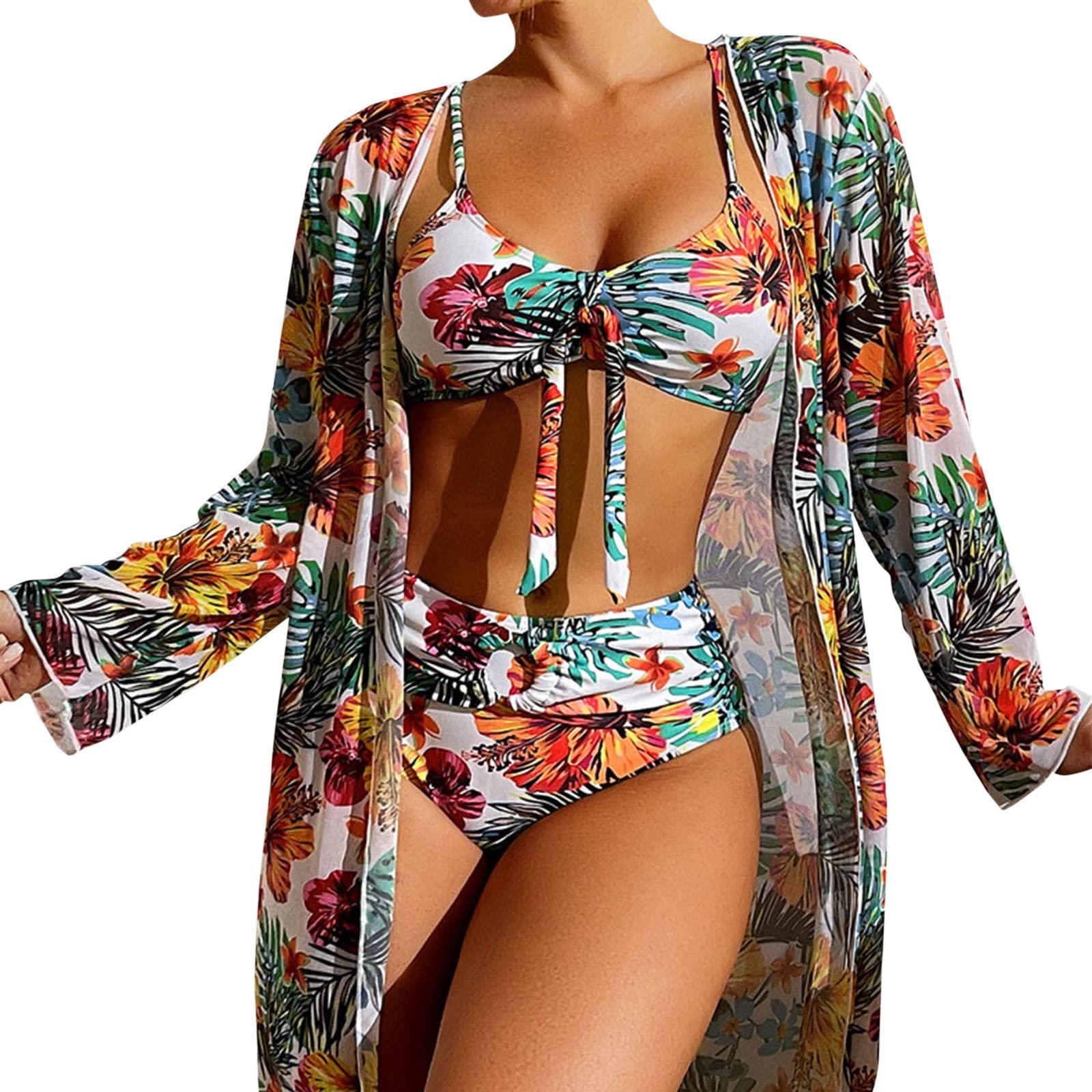 Generisch Swimwears, set tankini da donna, costume da bagno a 3 pezzi, a maniche lunghe, push-up, costume da bagno coprente per vacanze estive