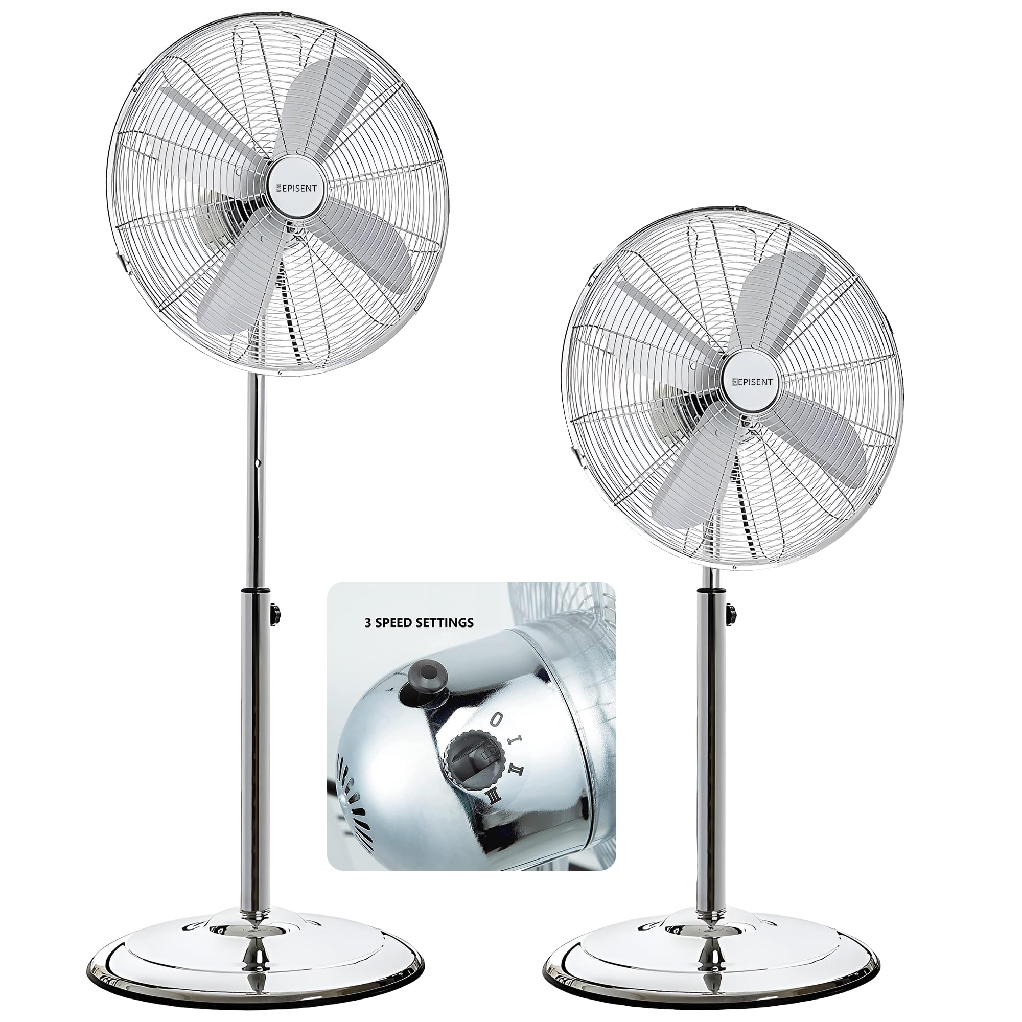 EPISENT 16" Chrome Pedestal Fan – 3-Speed Rotary Control, Adjustable Height Up to 140cm, Manual Tilt, Anti-Tip Base – Powerful Metal Oscillating Floor Standing Fan with Strong Airflow – UK Plug