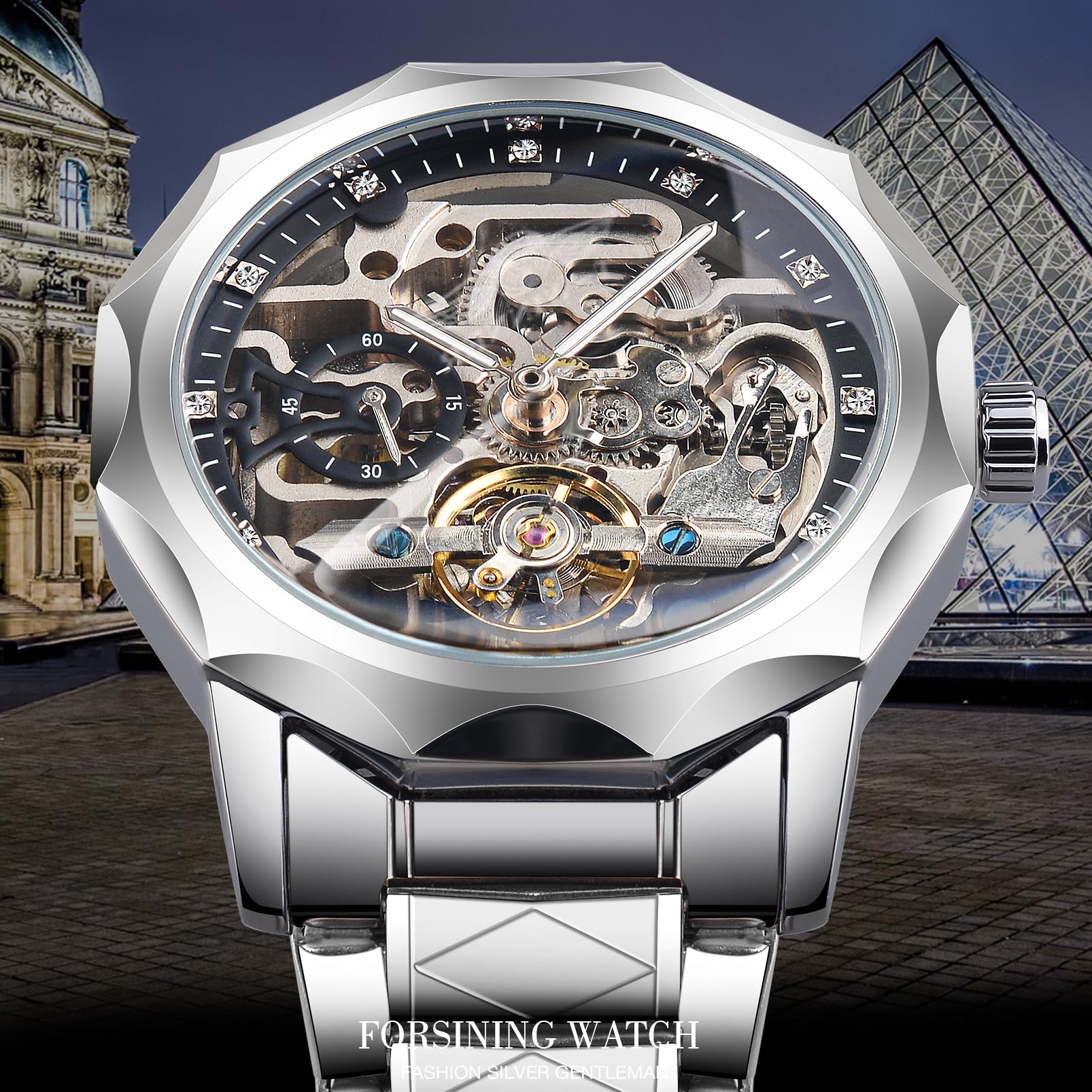 FORSINING Herren Skelett Automatik Tourbillon Uhr Selbstaufzug Hohl Mechanische Uhr Tourbillion Rhombus Edelstahl Armbanduhr Gold oder Schwarz