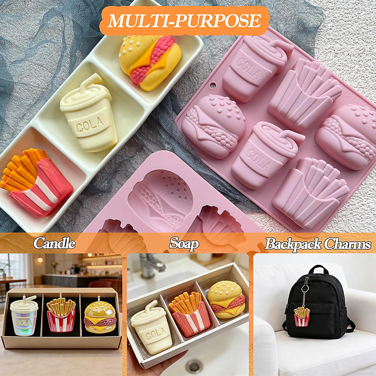 Fast Food Silicone Chocolate Molds ，2Pcs Hamburger French Fries Cola Baking Molds for Chocolate Candy Jelly Ice Cube Fondant, DIY Soap Candle Backpack charm Making Supplies