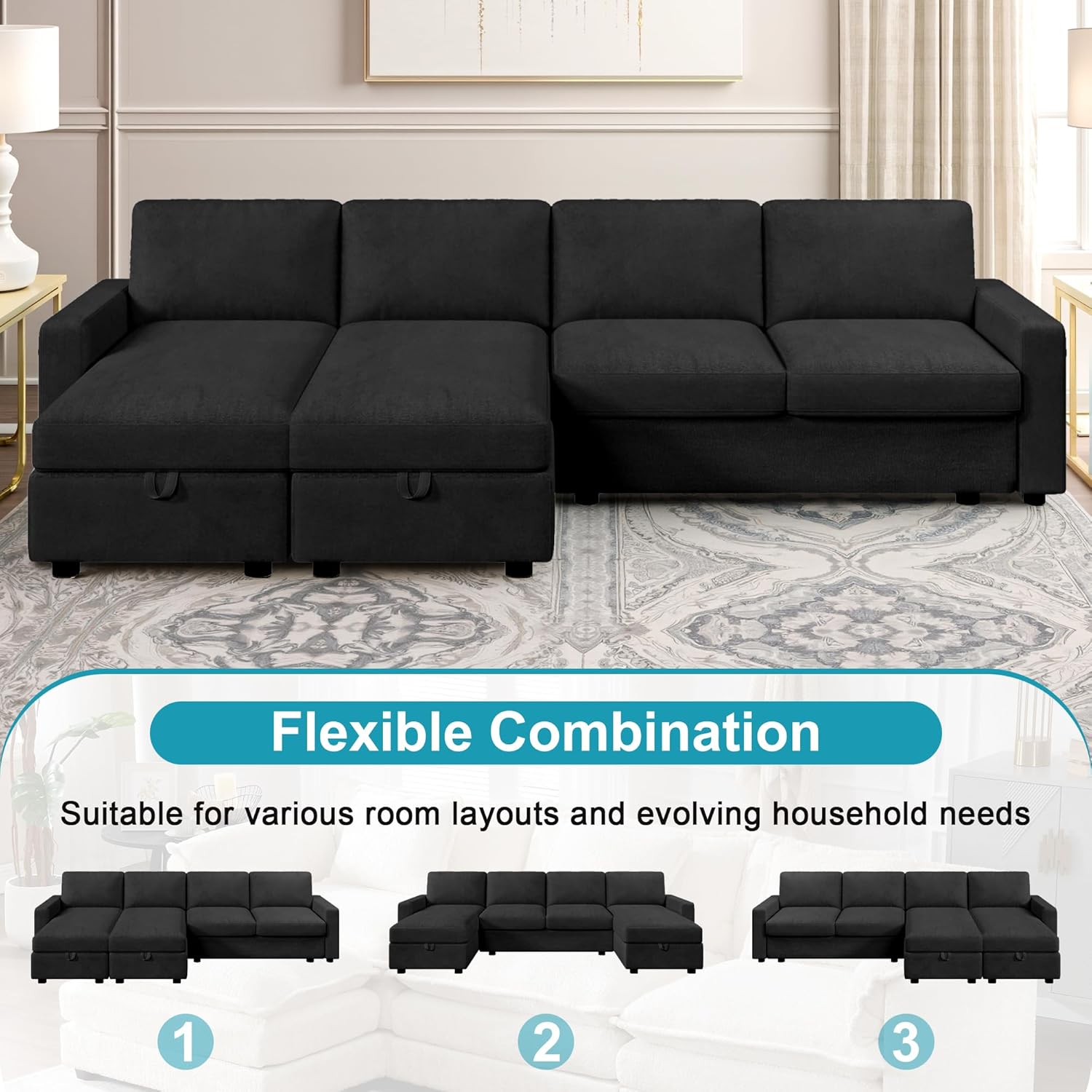 Three different configurations of the modular sectional sofa: L-shaped left, U-shaped, and L-shaped right