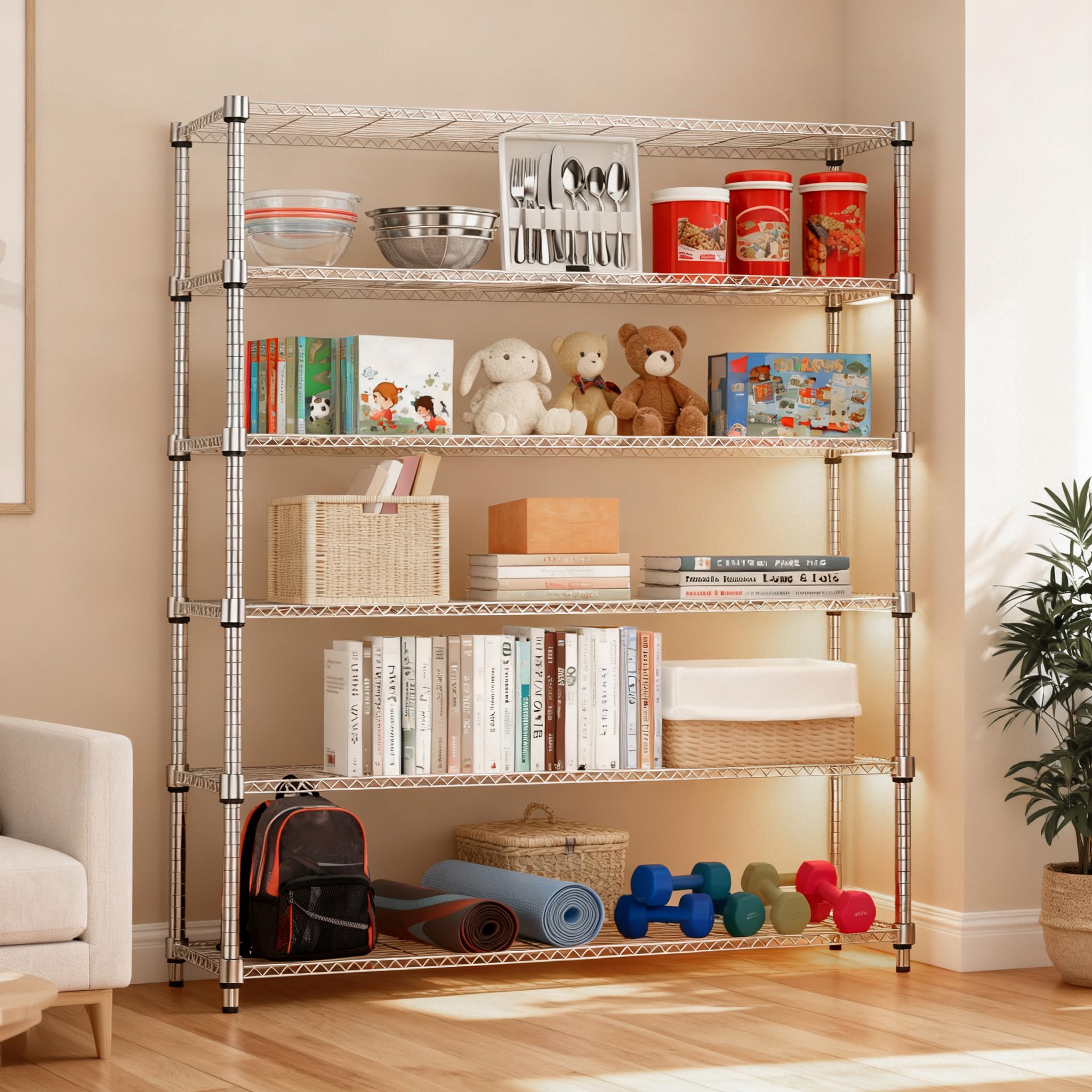 M MZG Scaffale a 6 ripiani, in metallo, per garage, cucina, bagno, lavanderia, portata massima 953,4 kg, cromato, 45 x 120 x 209,2 cm