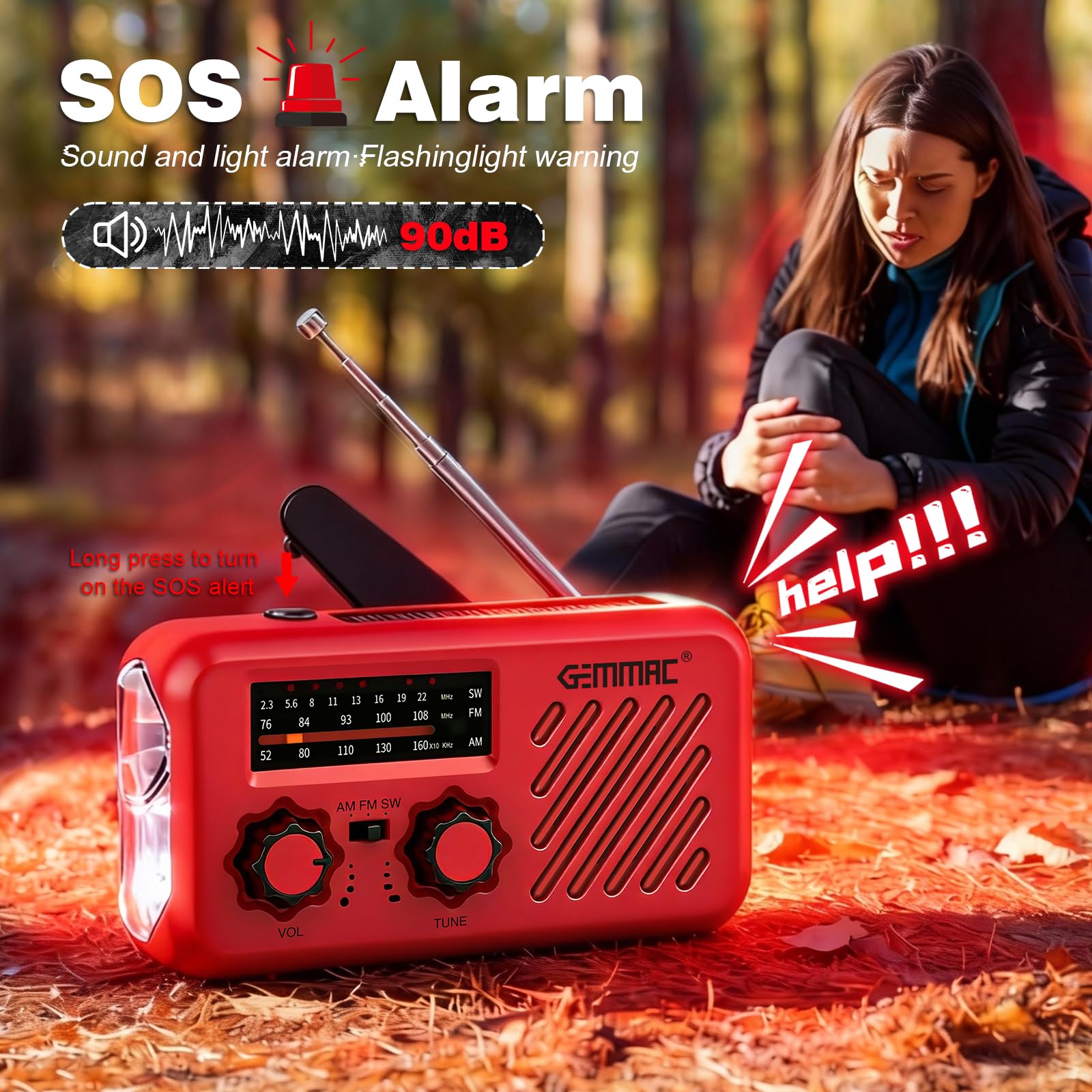 Radio Awaryjne, Gemmac AM/FM Radio Słoneczne z Korbką 2000 mAh Power Bank USB 3-Drożne ładowanie Awaryjne z Alarmem SOS Latarka i Wejściem Słuchawkowym Przenośne Radia na Zewnątrz Kemping Podróże