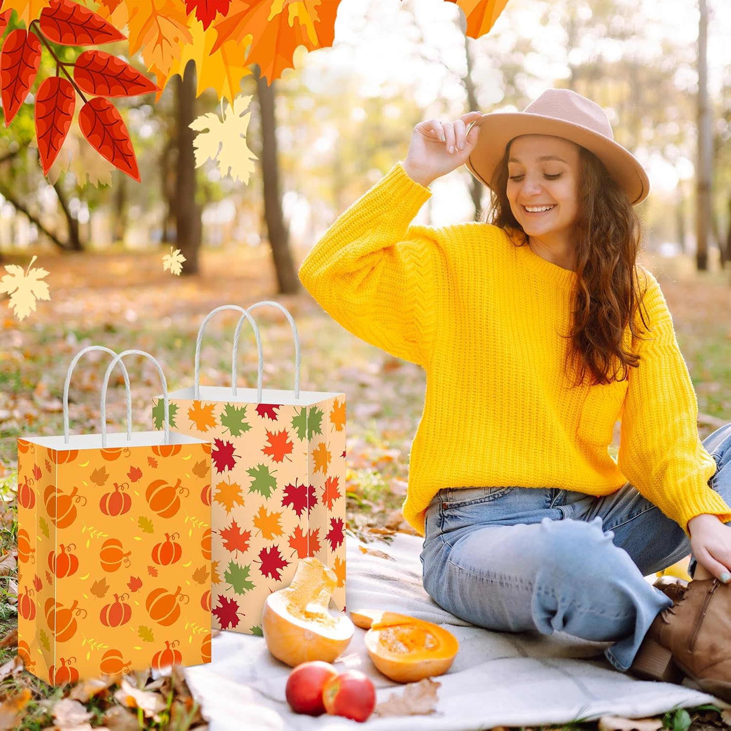 Gersoniel 48 Pieces Fall Thanksgiving Paper Gift Bags with Handle Autumn Treat Candy Goodie Bags with Pumpkin and Maple Leaves Patterns for Fall Autumn Thanksgiving Party Favors - Image 6