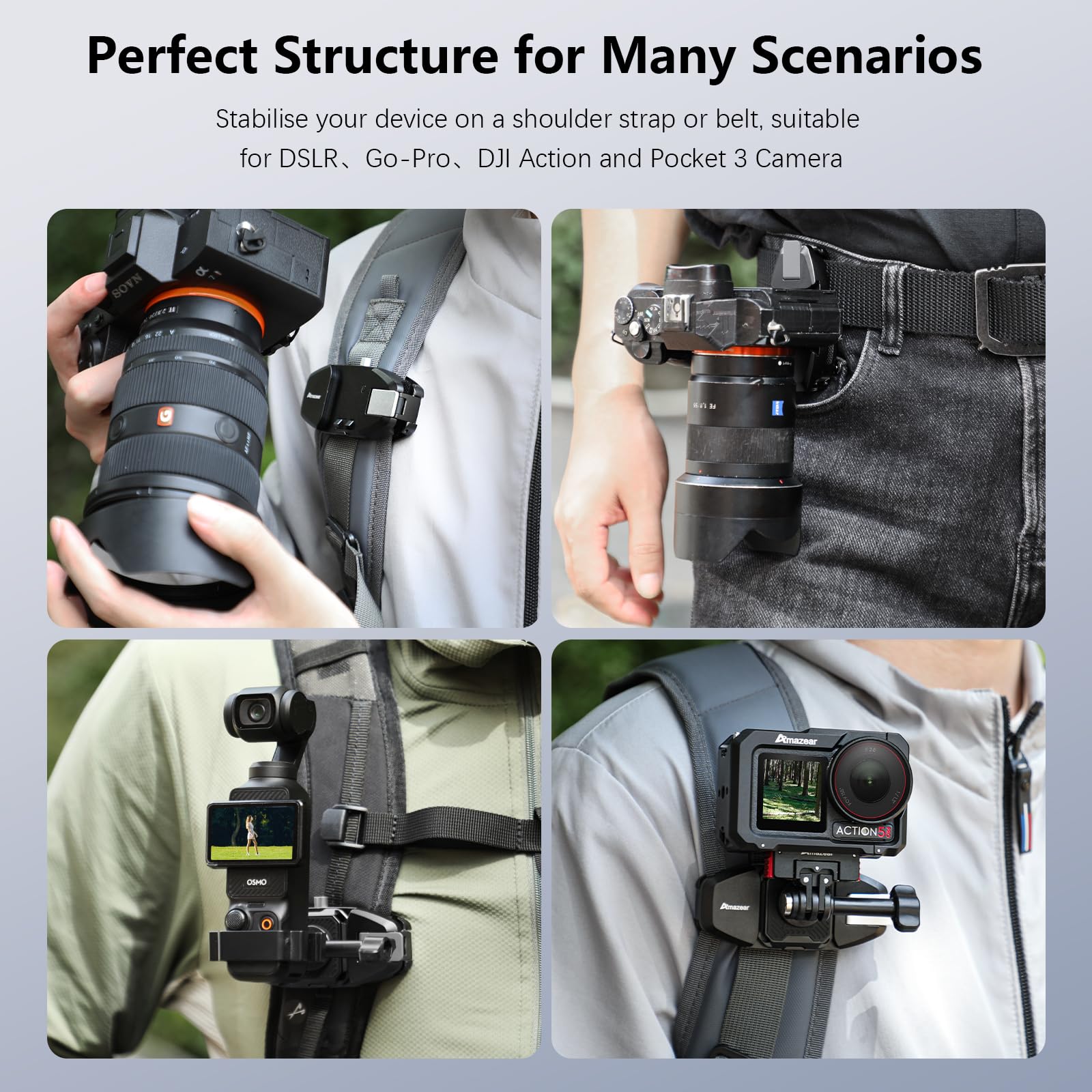 AMAZEAR Clip Correa Mochila Cámara DSLR: Operación a Una Mano Mejorada con Placa Liberación Rápida para Canon Nikon Sony Fuji Go-Pro Cámara Acción, Seguro Antiapertura, Negro