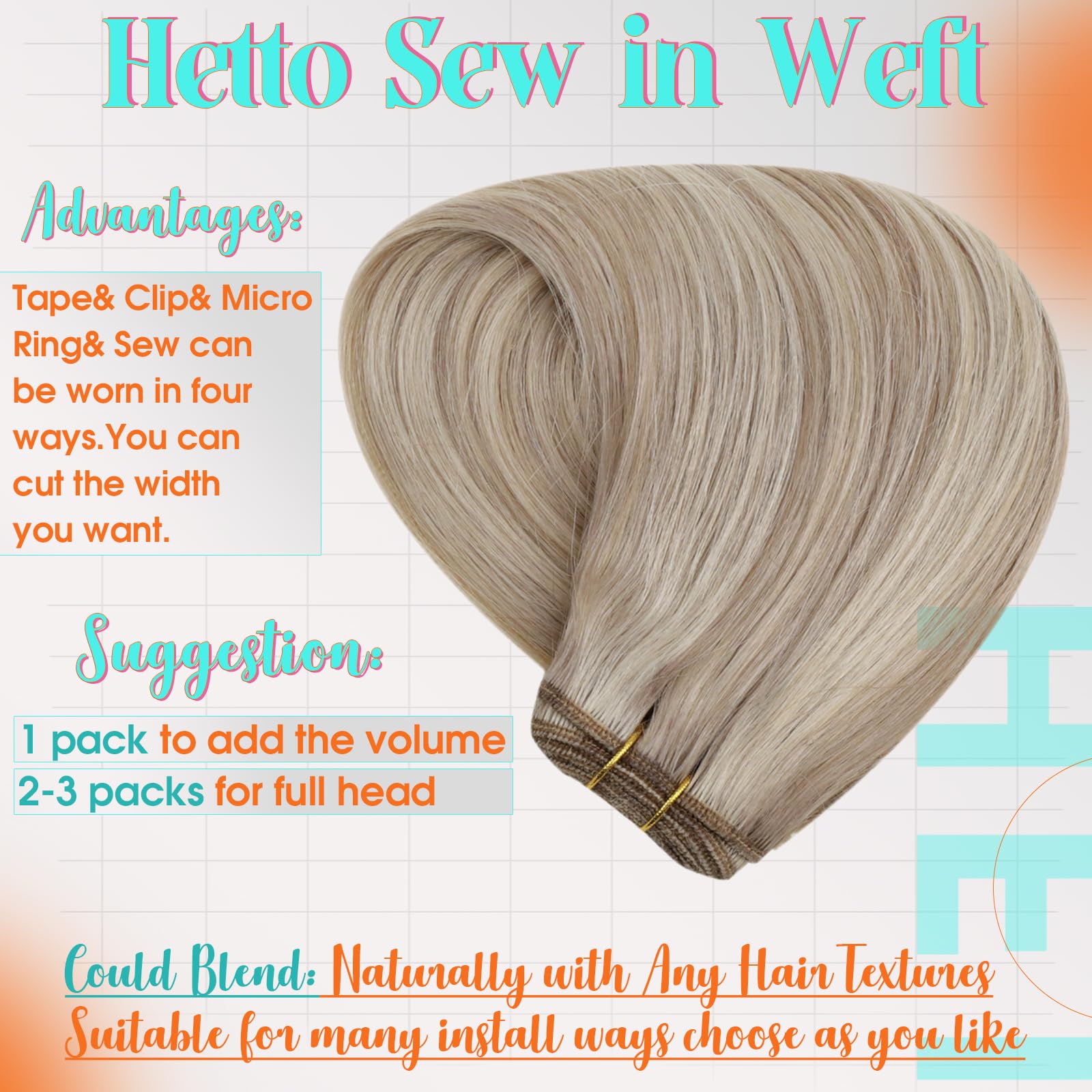 Hetto Weft Hair Extensions Real Human Hair Light Blonde Highlights, Invisible Hand Tied Sew in Hair Weft Extensions - Image 4
