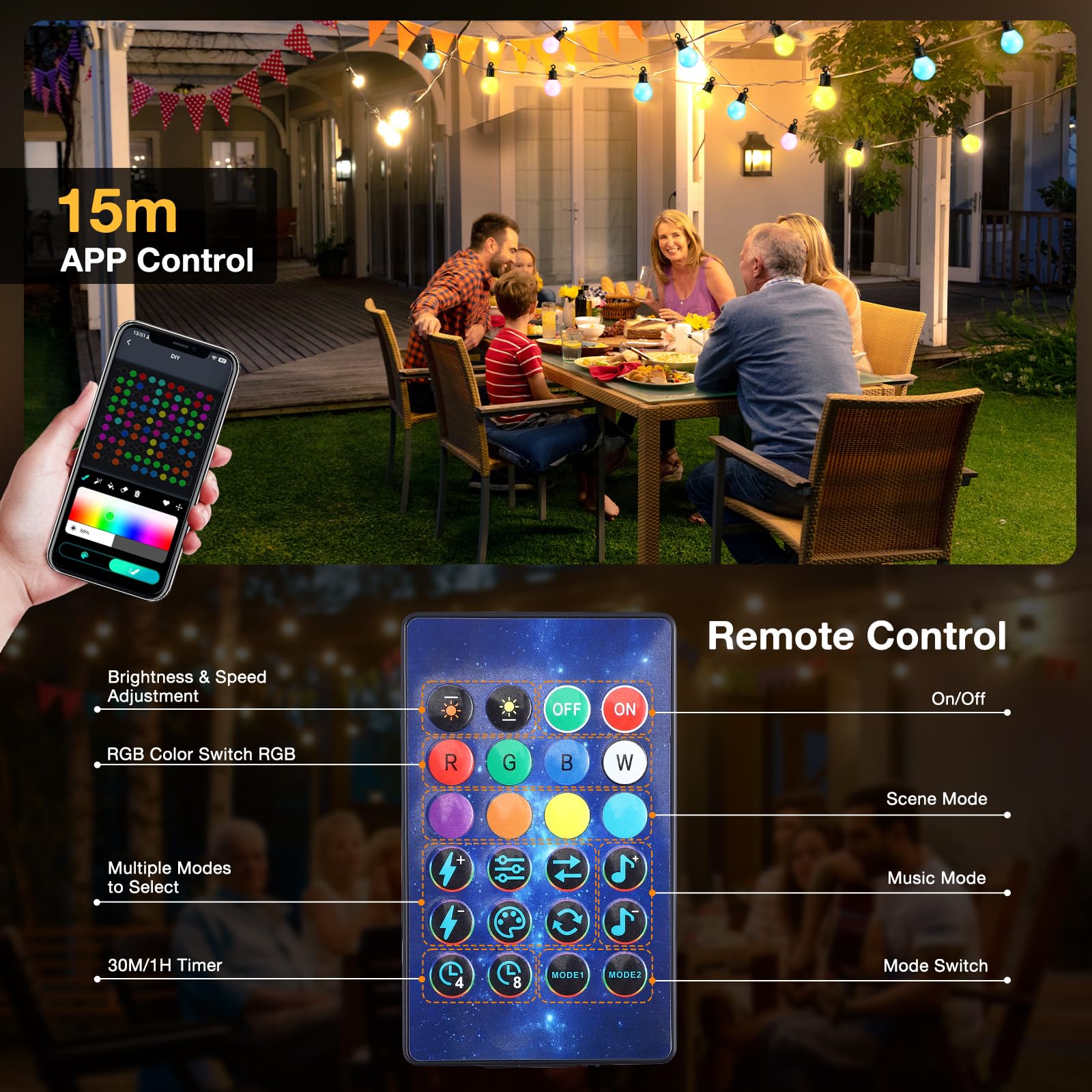 Guirlande Lumineuse Exterieure 30M 50 LED Télécommande App Minuterie 16 Millions Couleurs 58 Modes Scène Jardin Fête