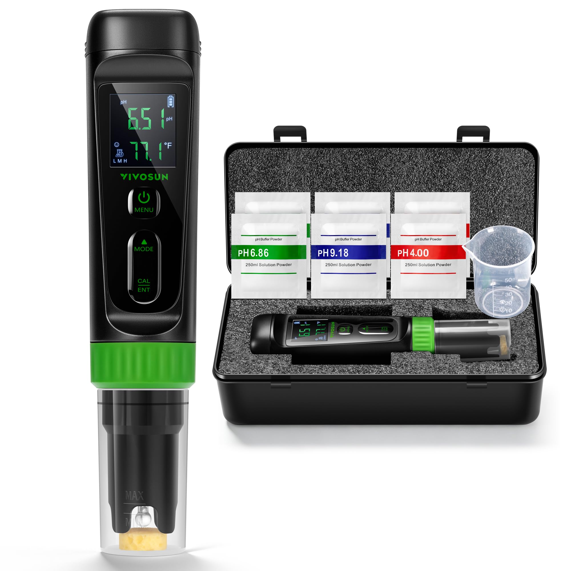 VIVOSUN Aerolab Digital pH Meter Kit ±0.01 Hohe Genauigkeit Wasserdichter pH-Tester Stift mit Austauschbarer Sonde LCD Display Auto Temperaturkompensation Kalibrierpulver für Hydroponik Gartenarbeit