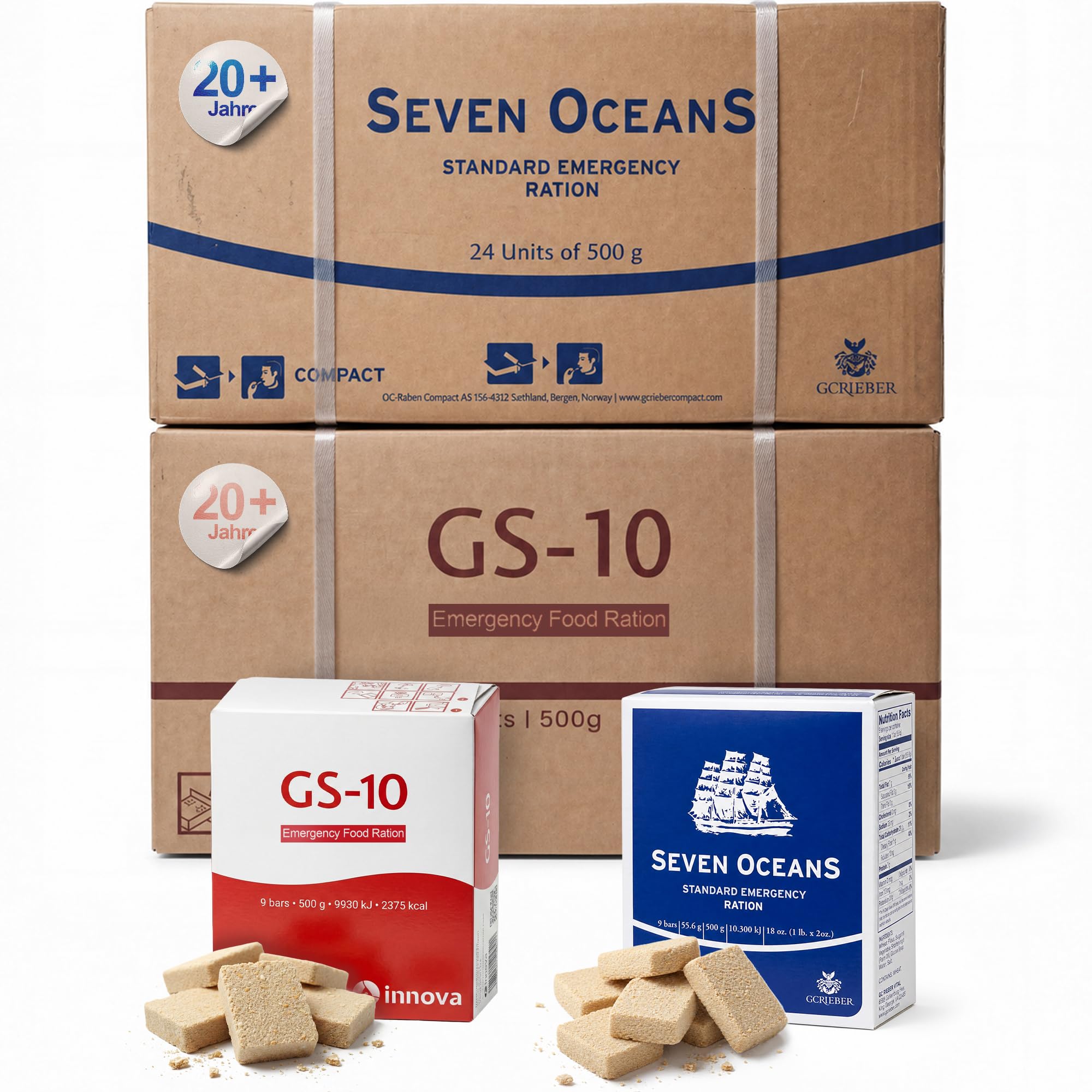 Notfallnahrung Vorratspaket: 48x 500g (24 kg Gesamt) – GS-10 & Seven Oceans Mix – Hochkalorische Notration für Krisenvorsorge, Outdoor & Camping – 2 Kartons a 24 Rationen
