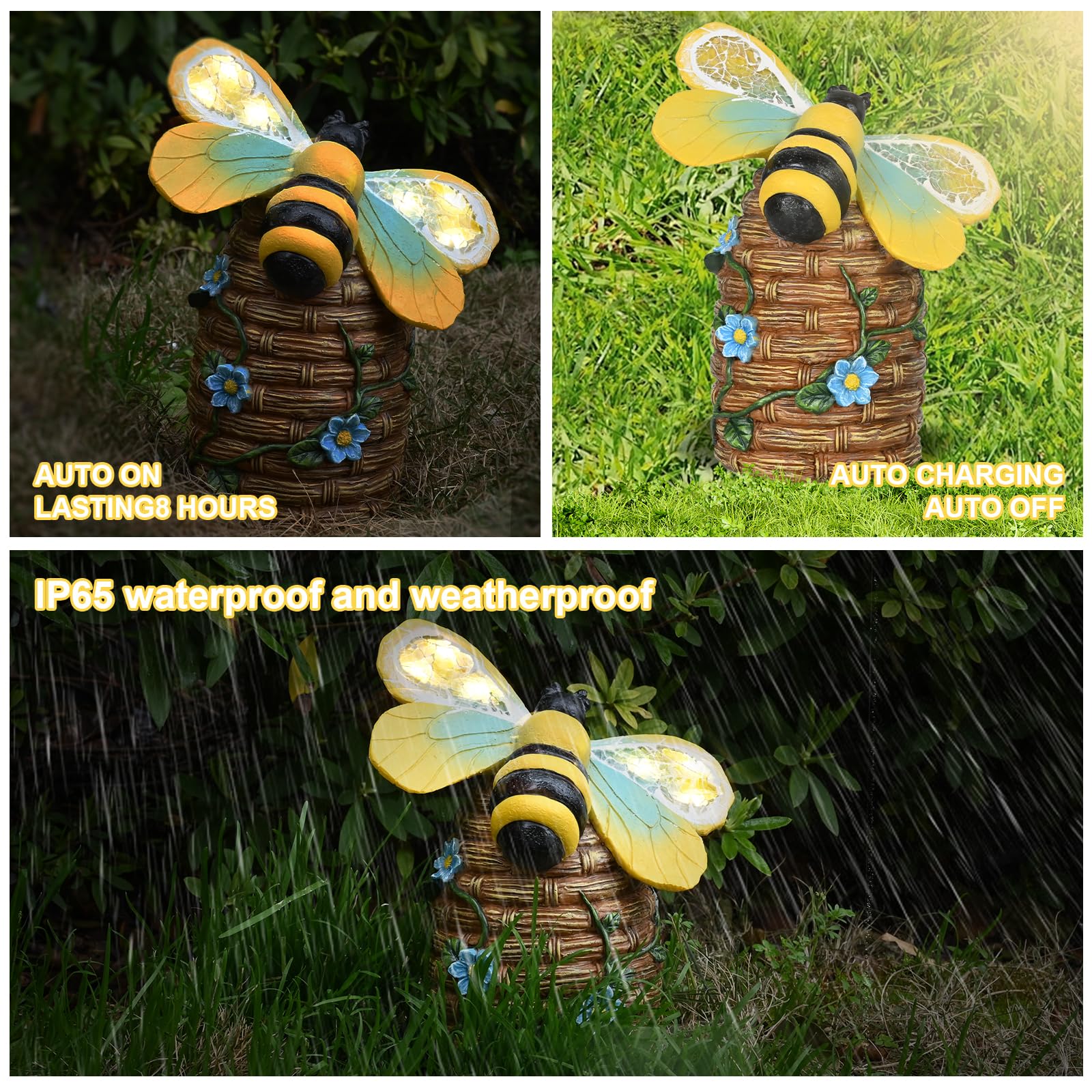 Estatua de jardín de abejas solares para exteriores, figura de abejorro con luz solar para patio, balcón, patio, adorno de césped, regalo perfecto para el jardín